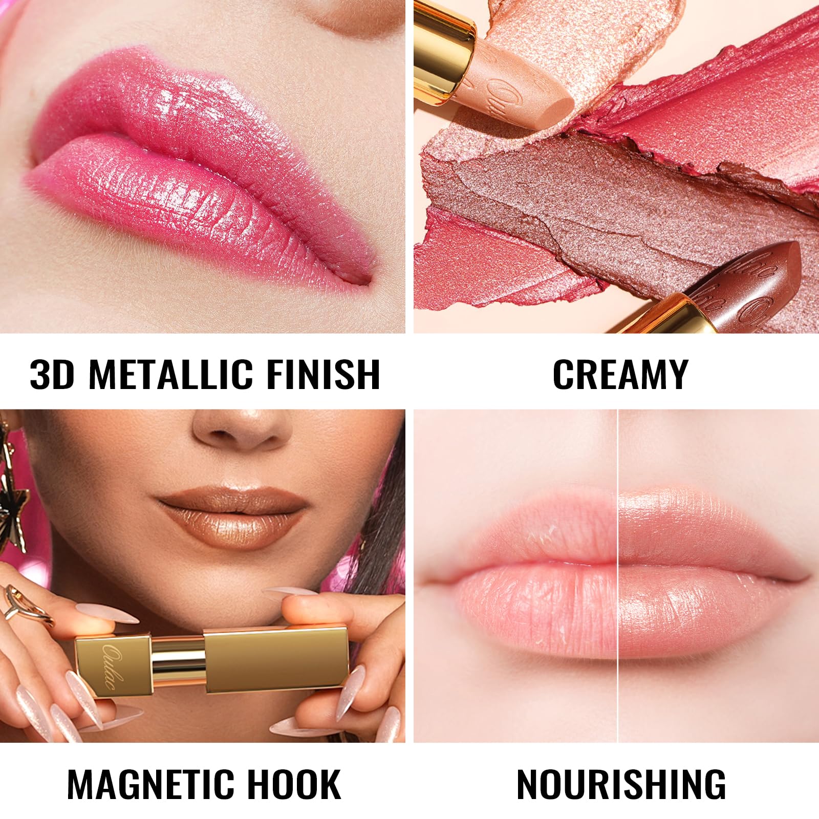 OULAC Metallic Shine Glitter Lipstick, Pink High Impact Lipcolor, Lightweight Soft and Ultra Hydrating, Long Lasting, Vegan & Cruelty-Free, Full-Coverage Lip Color 4.3 g/0.15 HIP & HIPPIE(11) Halalzen