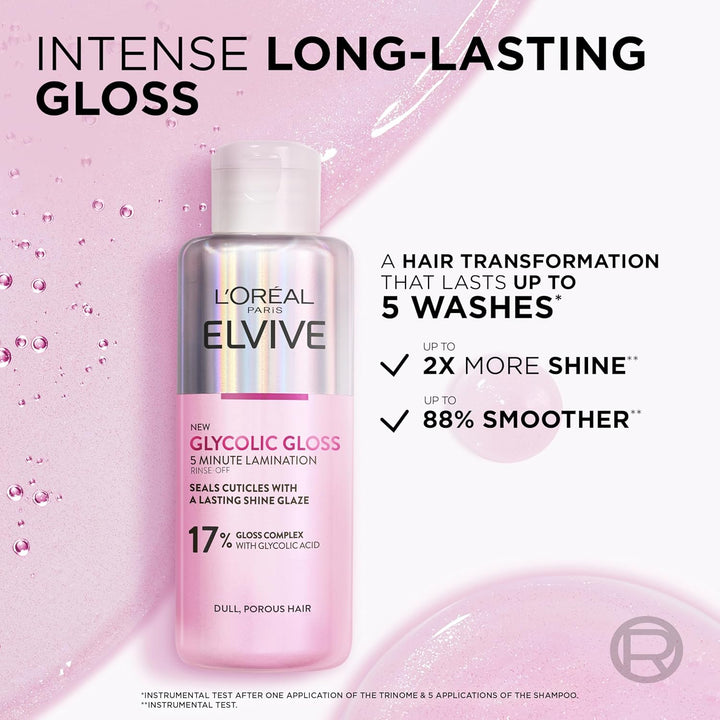 L'Oréal Paris Rinse-Off Treatment For Dull Hair, Elvive Glycolic Gloss 5 Minute Lamination With 17% Gloss Complex, Fills Hair Fibres For Instant Silkiness And Long-Lasting Smooth Shine For Days, 200ml Halalzen