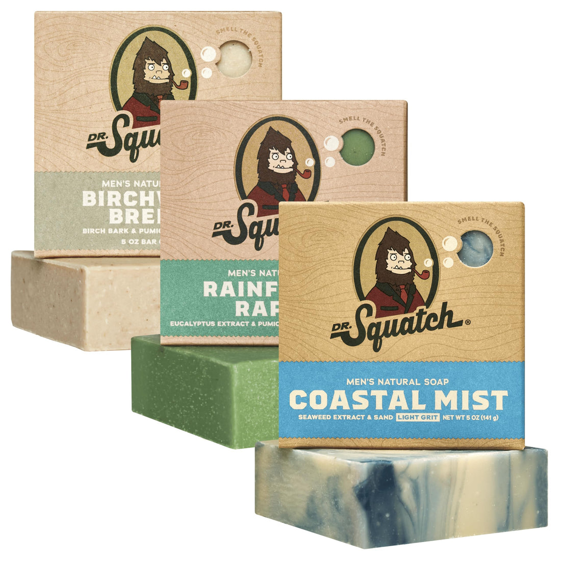 Dr. Squatch Natural Men’s Bar Soap - Cold Process Body Soap Bar with Natural Oils - Gifts for Men - Birchwood Breeze, Fresh Falls & Wood Barrel Bourbon (5 oz, 3-Pack)