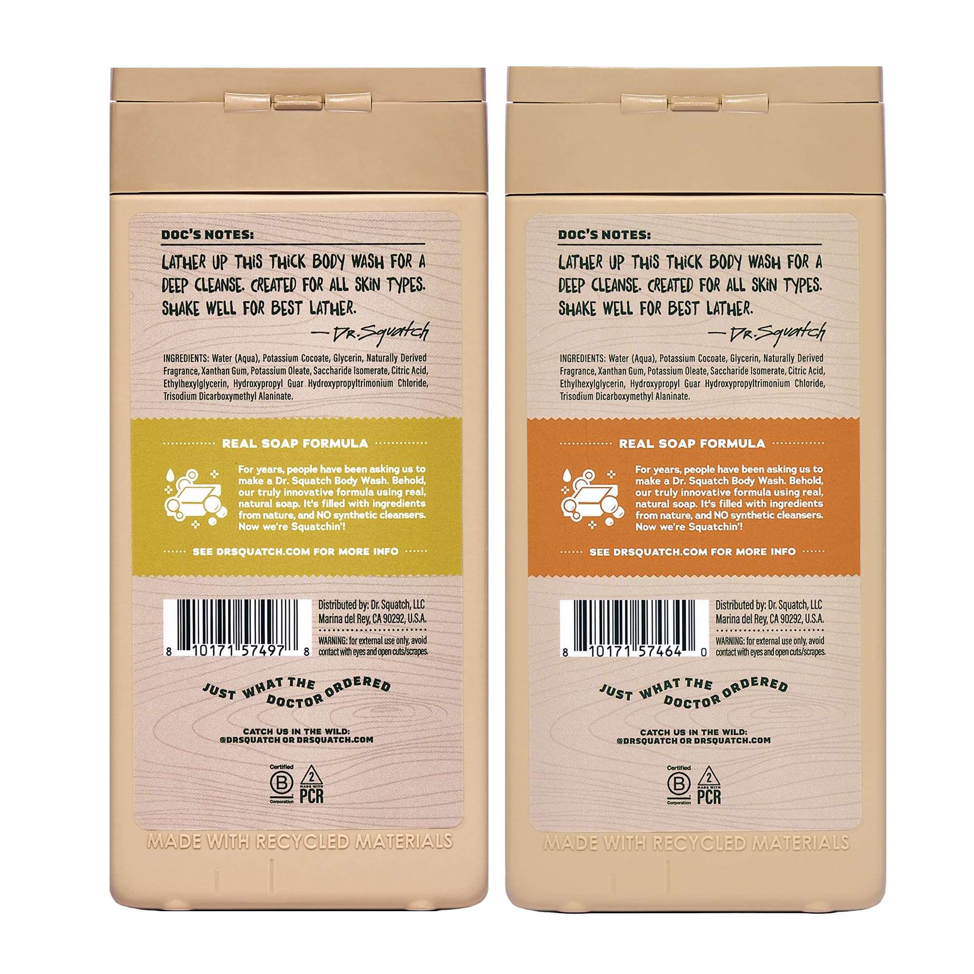Dr. Squatch Natural Men's Body Wash Shower Gel - Cleansing, Nourishing, Long Lasting Scent, Moisturizing Body Wash for Men - Coconut Castaway + Wood Barrel Bourbon (14 oz, 2-Pack)