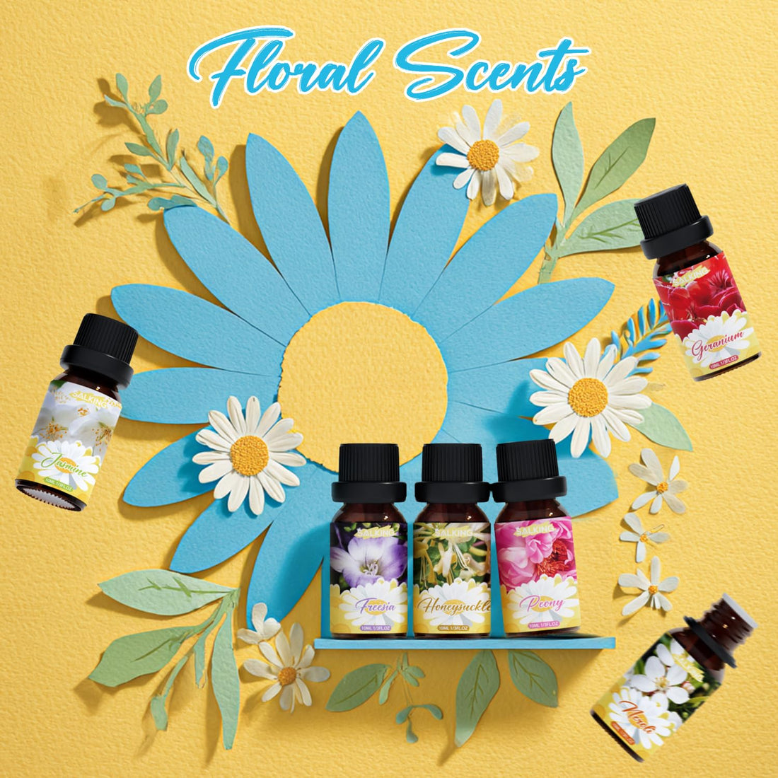 SALKING Essential Oils Set, 100% Pure Fragrance Oil AromatherapyGift, Premium Scented Oils for Diffusers 6 x 10 ML - Lavender, Rose, Jasmine, Cherry Blossom, Gardenia, Chamomile, Pink