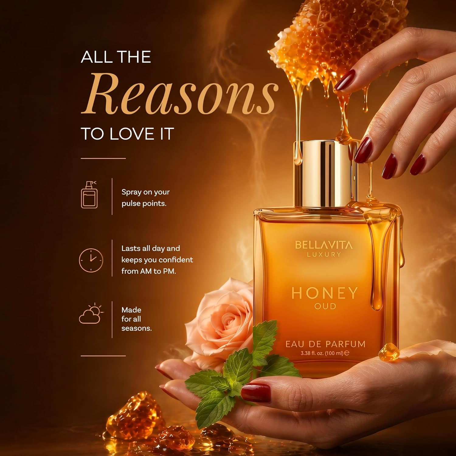Bellavita Luxury Honey Oud Eau de Parfum | 100 ml (3.4 fl.oz.) | Perfume for Men and Women | Sweet Honey, Bergamot, Oud, & Amber Notes | Long Lasting Unisex Fragrance Halalzen