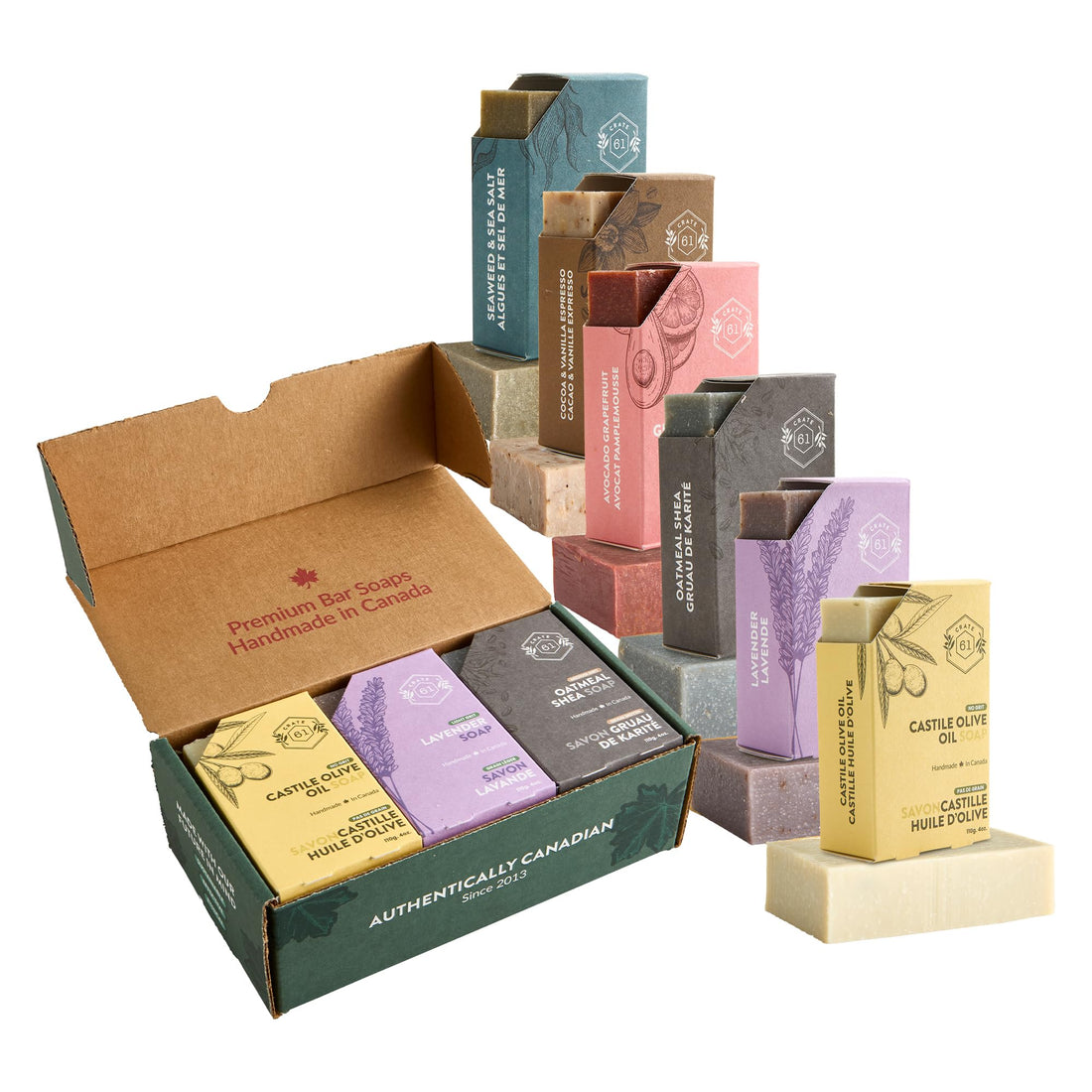 Crate 61 Organics, Handmade in Canada, Plant Based Cold Process Natural Bar Soap, With Premium Essential Oils, Dry Skin, Pack of 6 (For Him)