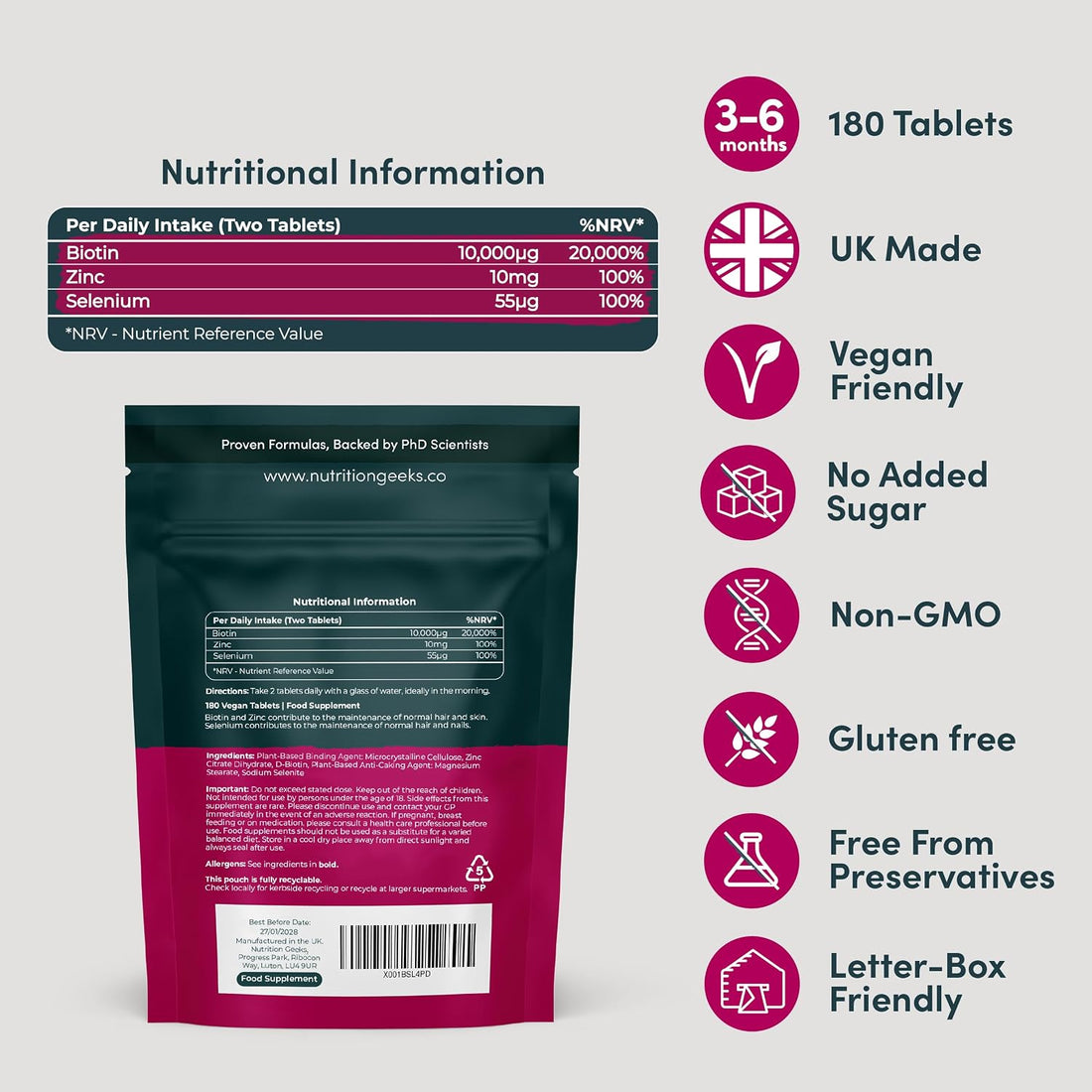 Biotin Hair Growth Supplement - 180 Vegan Tablets Enhanced with Zinc & Selenium, Hair Vitamins Complex - Biotin 10000 mcg - Hair Skin and Nails Vitamins for Women & Men UK (Packaging Design May Vary) Halalzen