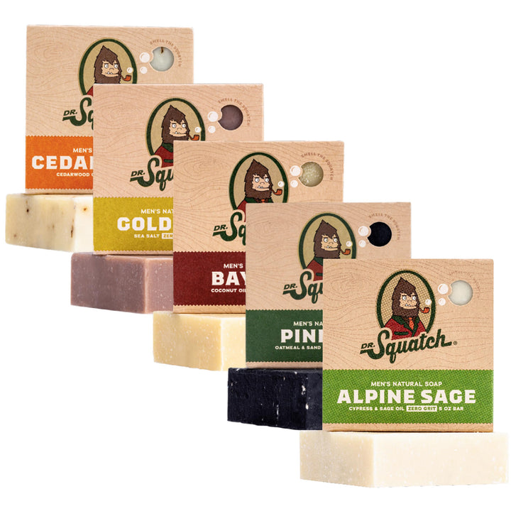 Dr. Squatch Natural Men’s Bar Soap - Cold Process Body Soap Bar with Natural Oils - Gifts for Men - Deep Sea Goat's Milk, Wood Barrel Bourbon, Rainforest Rapids, Alpine Sage & Bay Rum (5 oz, 5-Pack)