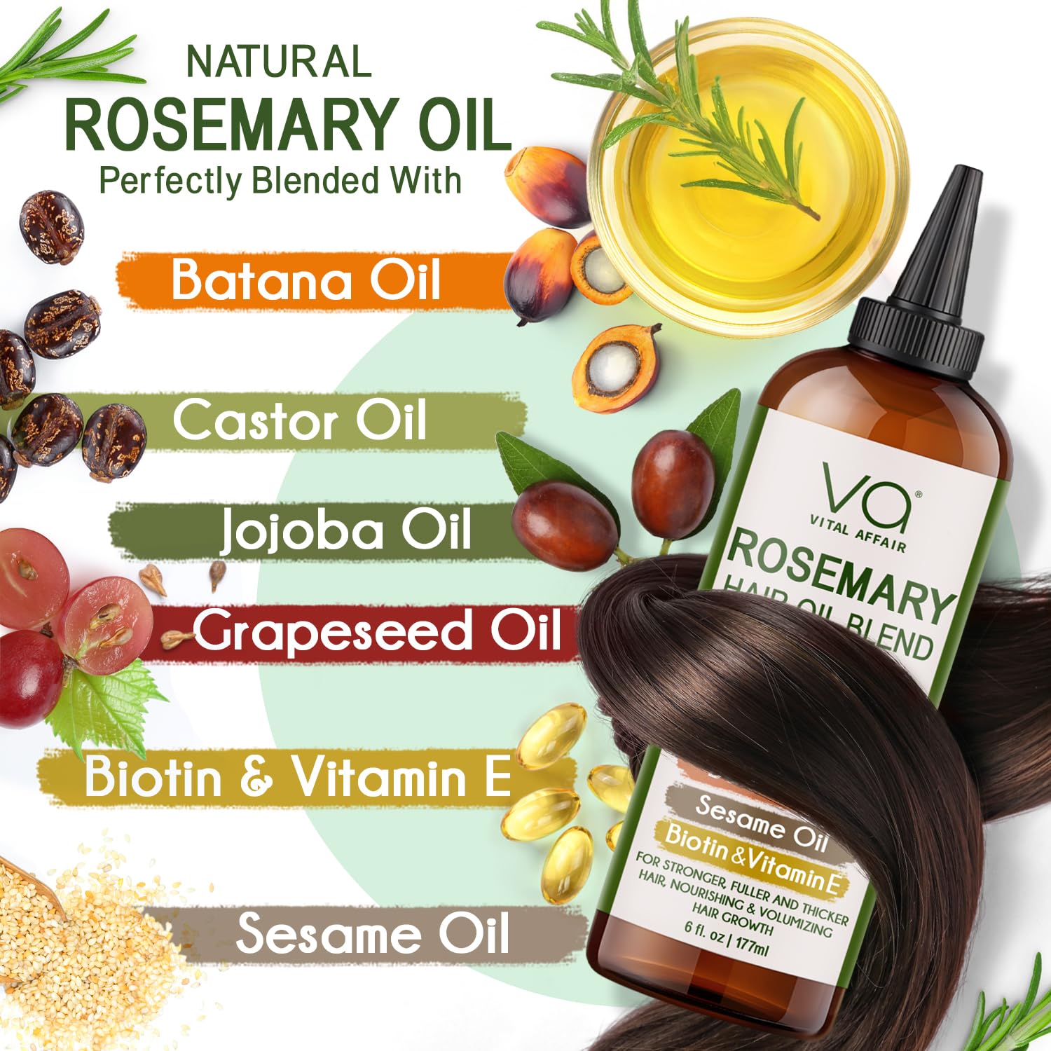 VITAL AFFAIR Blend Of Pure Rosemary Oil For Hair Growth With Castor, Batana, Jojoba Oil-Infused With Biotin & Vitamin E-Blend of Effective Hair Oils for Hair Growth-Strengthening Treatment 6 Fl Oz Halalzen