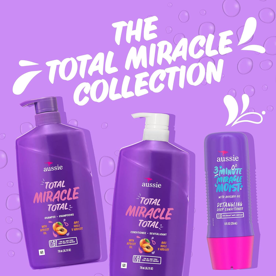 Aussie Total Miracle Hair Care Bundle: Shampoo, Conditioner, and 3 Minute Deep Treatment with Apricot & Macadamia Oil, Paraben-Free for Damaged Hair, 26.2 & 8 Fl Oz Halalzen