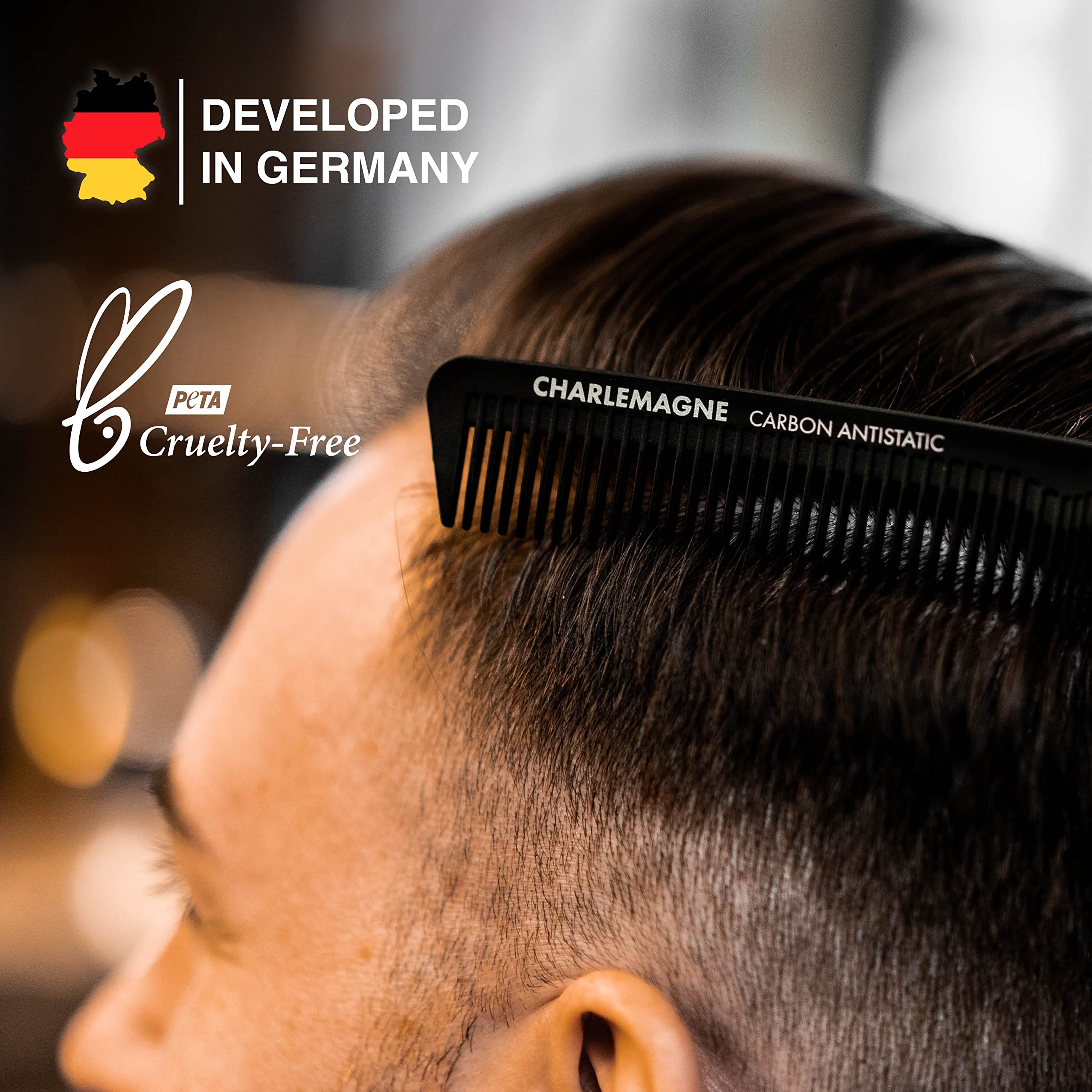 Charlemagne Carbon Fibre Hair Comb - Fine Tooth Mens Comb, 1 Pack - Carbon Cutting & Styling Tool for Men - Antistatic Grooming for Hair & Beard - Curl Detangling Tool for Mens Thick & Fine Locks Halalzen