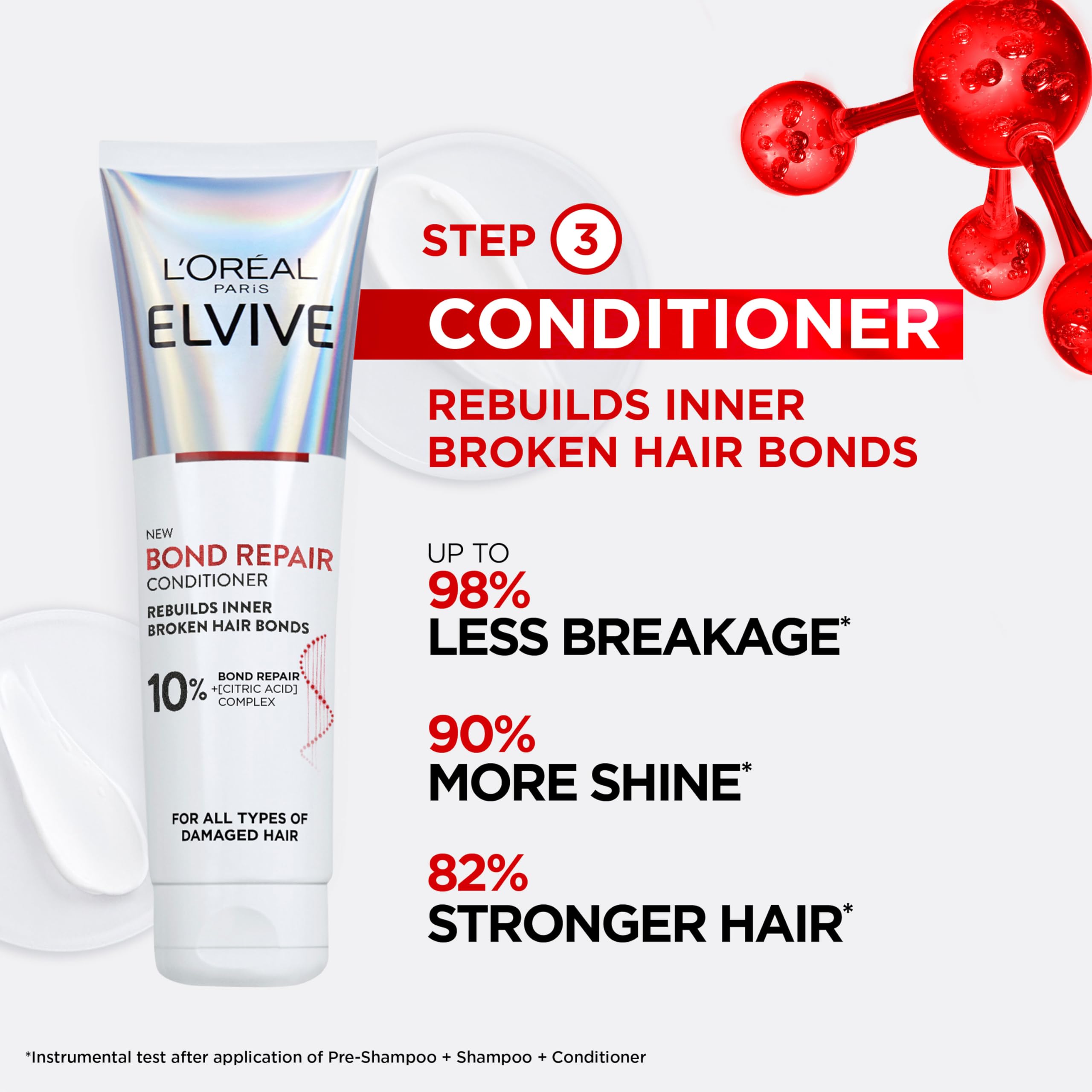 L'Oréal Paris Elvive Bond Repair Leave-In Serum, with Citric Acid Complex, for Stronger Hair, Heat Protection, 12x Less Split-Ends, 98% Stronger, 82% More Shine for Damaged Hair, 150ml