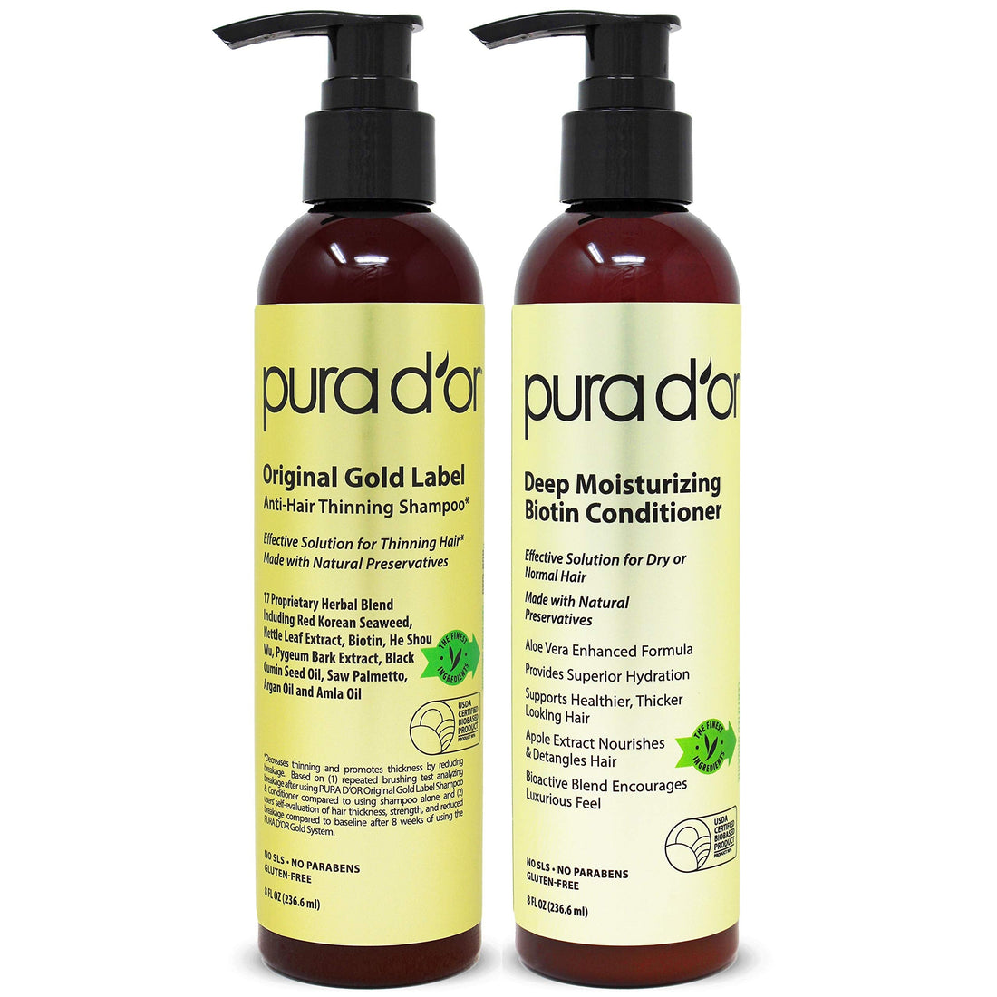 PURA D'OR Anti-Thinning Biotin Shampoo and Conditioner Natural Earthy Scent, CLINICALLY TESTED Effective Results, Herbal Blend Thickening Products For Women & Men, Original Gold Label Set, 16oz x2 | Deep Moisturizing, Conditioner, CLINICALLY TESTED, Effec Halalzen