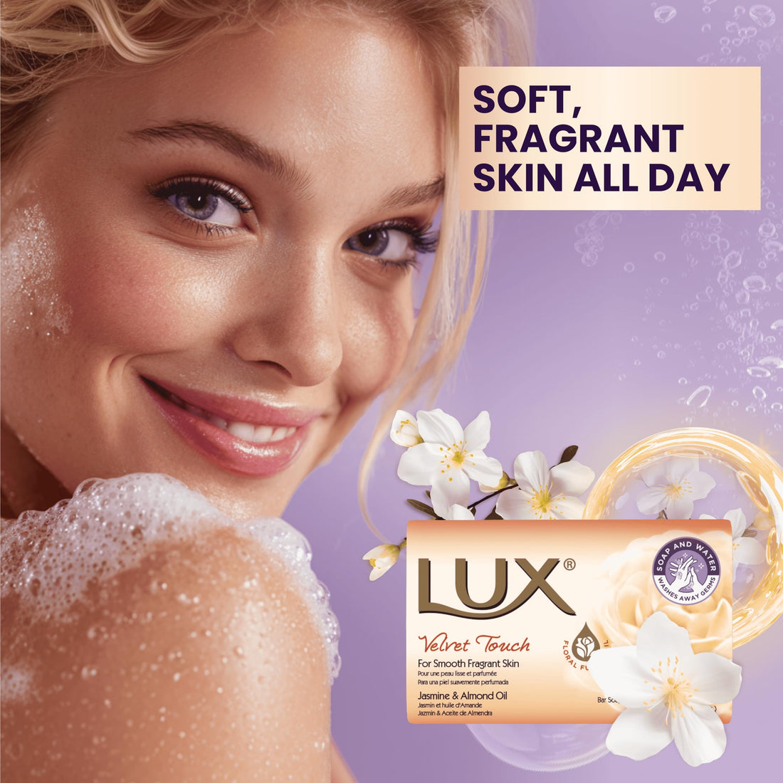 LUX Velvet Touch Soap Bar, Jasmine & Almond Oil, For Smooth Fragrant Skin, 80g (12 Pack) Halalzen