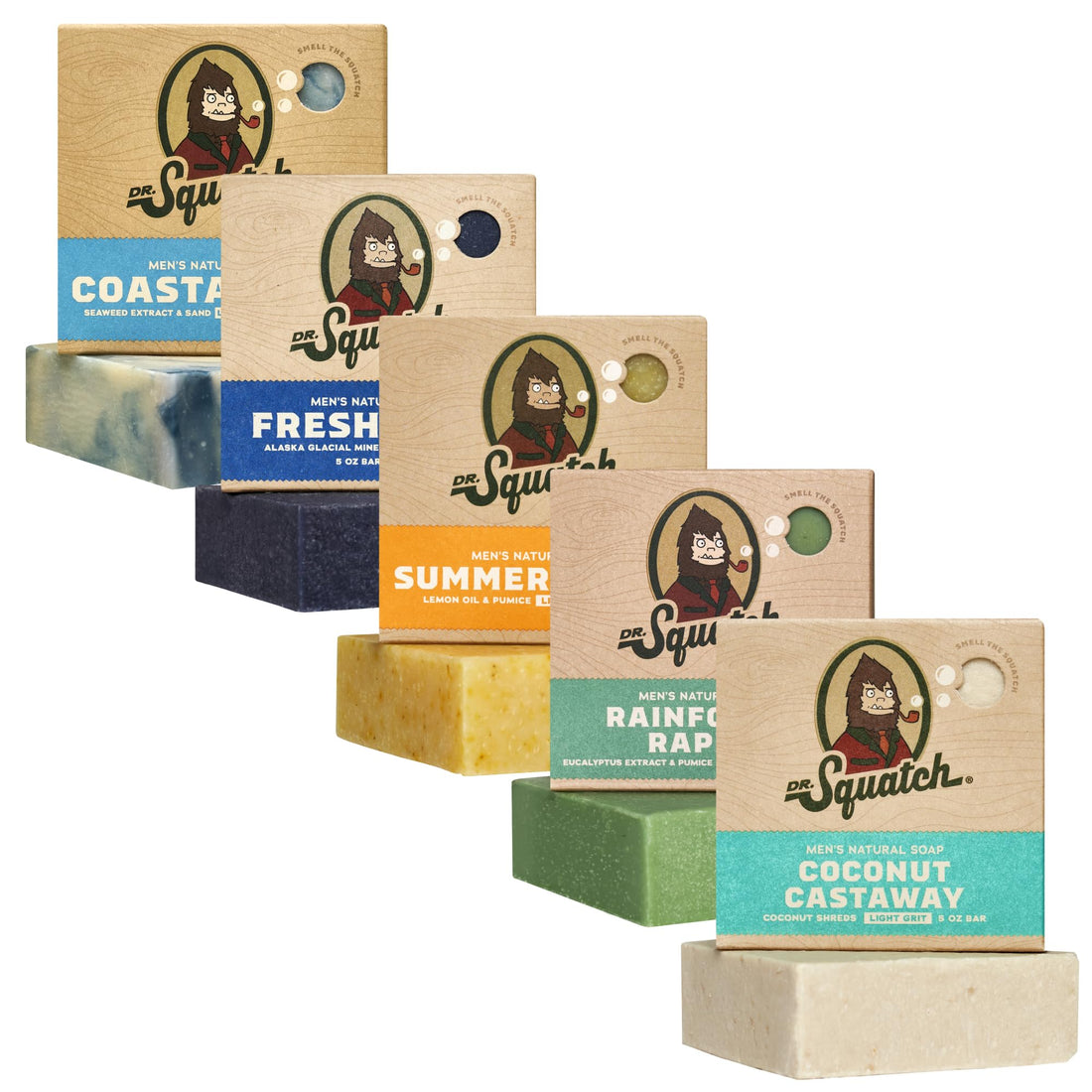 Dr. Squatch Natural Men’s Bar Soap - Cold Process Body Soap Bar with Natural Oils - Gifts for Men - Deep Sea Goat's Milk, Wood Barrel Bourbon, Rainforest Rapids, Alpine Sage & Bay Rum (5 oz, 5-Pack)