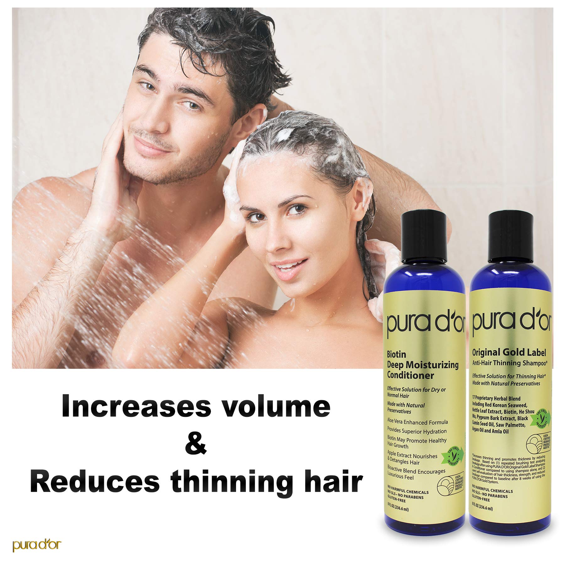 PURA D'OR Anti-Thinning Biotin Shampoo and Conditioner Natural Earthy Scent, CLINICALLY TESTED Effective Results, Herbal Blend Thickening Products For Women & Men, Original Gold Label Set, 16oz x2 | Deep Moisturizing, Conditioner, CLINICALLY TESTED, Effec Halalzen
