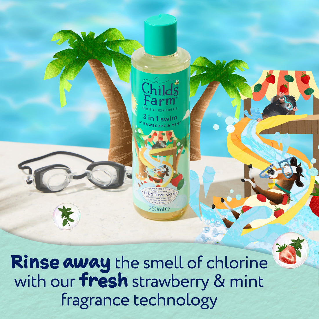 Childs Farm Kids 3 in 1 Swim, Strawberry & Mint - Body Wash, Shampoo & Conditioner | Tear-free | Suitable for Dry, Sensitive Skin, 250ml