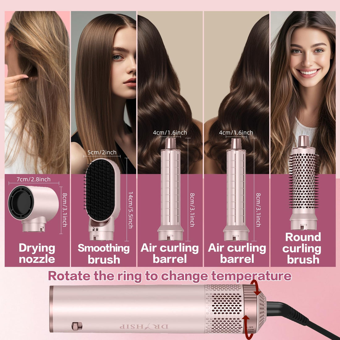 5 in 1 Hair Styler for Woman, Air Curling Wrap, Drying, Curling, Straightening & Volumizing, Hot Air Curler Dryer Brush Tool Set, Curl Styling Tools - Blush Halalzen