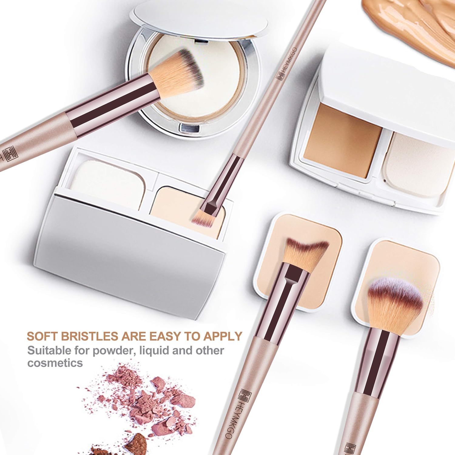 HEYMKGO Makeup Brushes, 15 Pcs Make Up Brushes Set Professional Champagne Gold Makeup Brush Pack, Foundation Blending Powder Blush Concealers Eyeshadow Eyeliner Make-up Brush Kits with Cosmetics Bag Halalzen