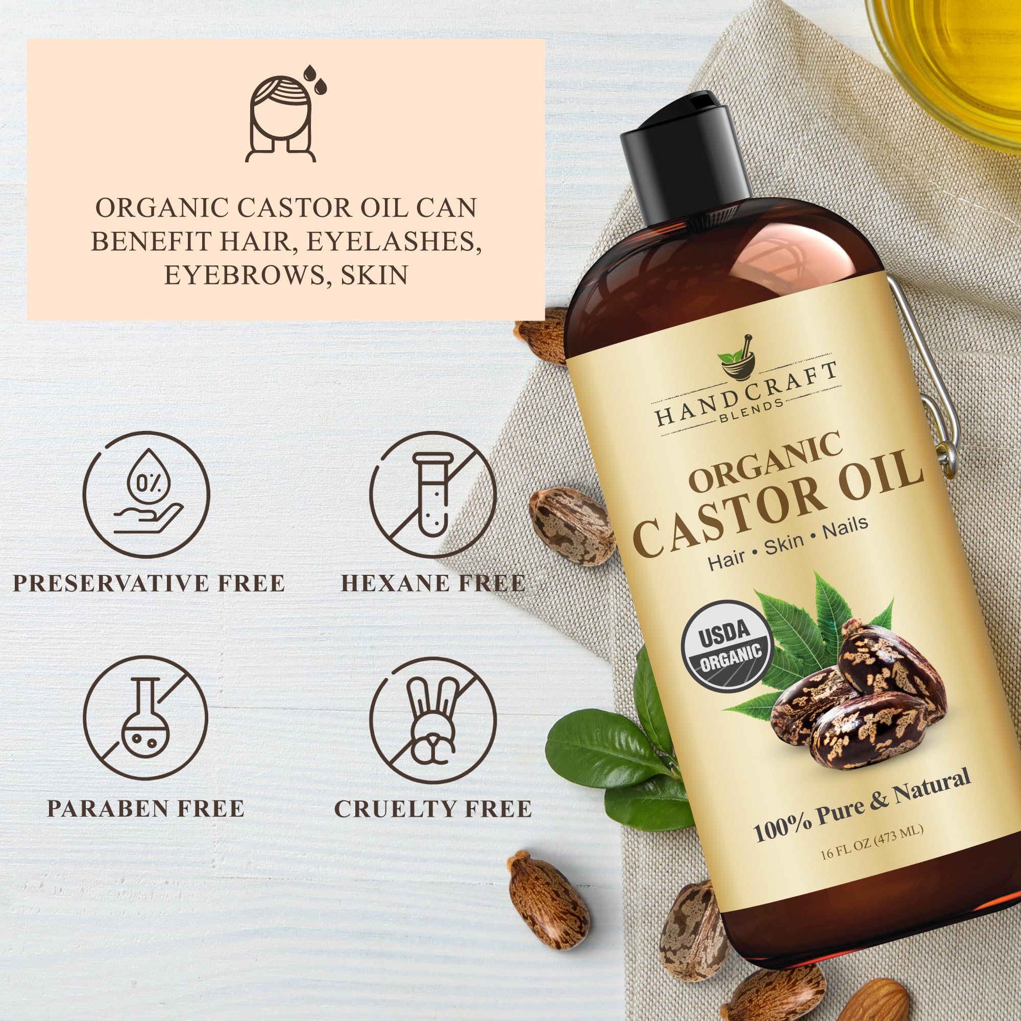 Handcraft Blends Huile de Ricin et Huile de Romarin 236 ml | 100% Pure et Naturelle | Huile Support de Qualité Supérieure | Cheveux, Cils et Sourcils | Cheveux et Corps
