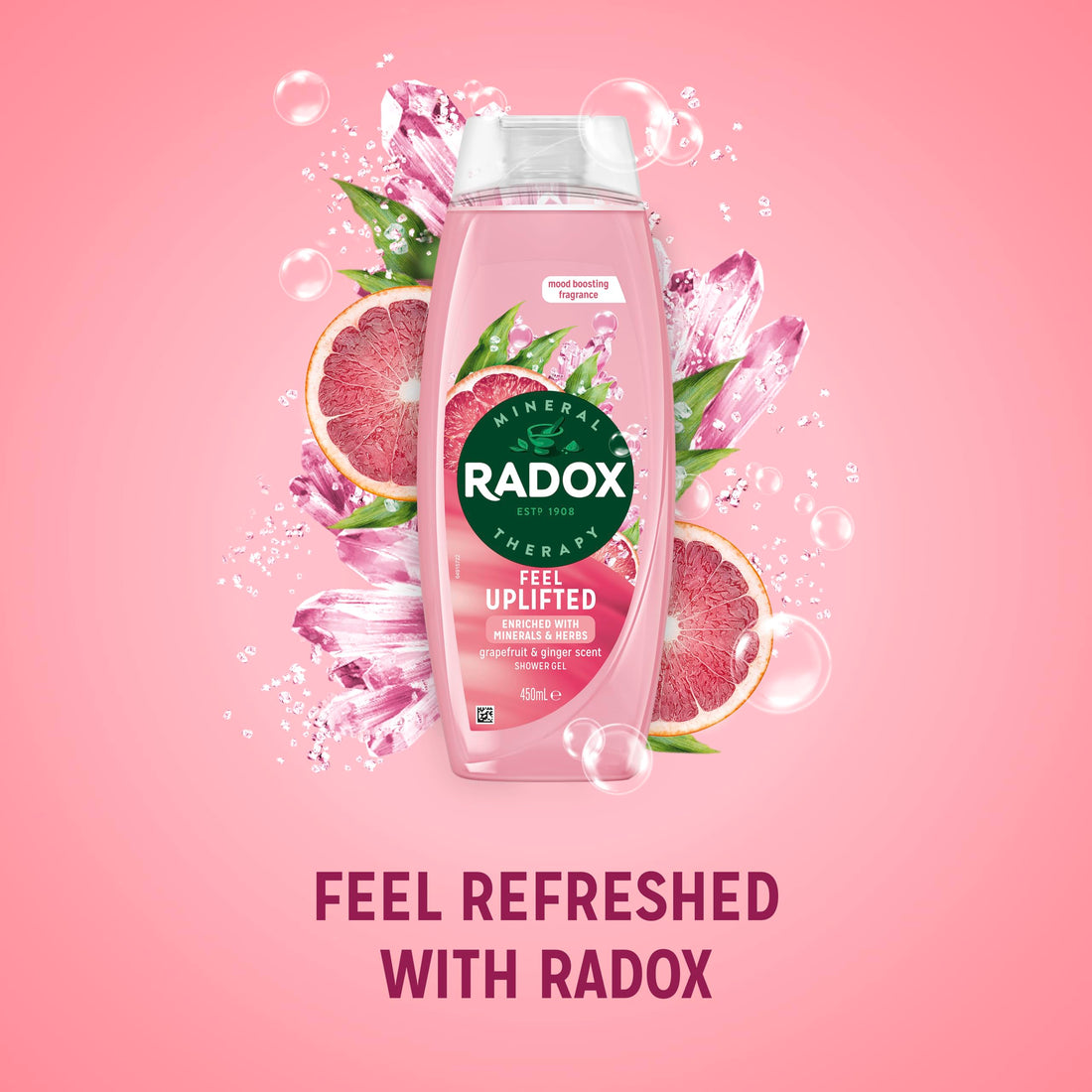 Radox Mineral Therapy Feel Uplifted Shower Gel body wash uniquely blended with minerals, herbs and a grapefruit & ginger scent for a mood-boosting experience 225 ml