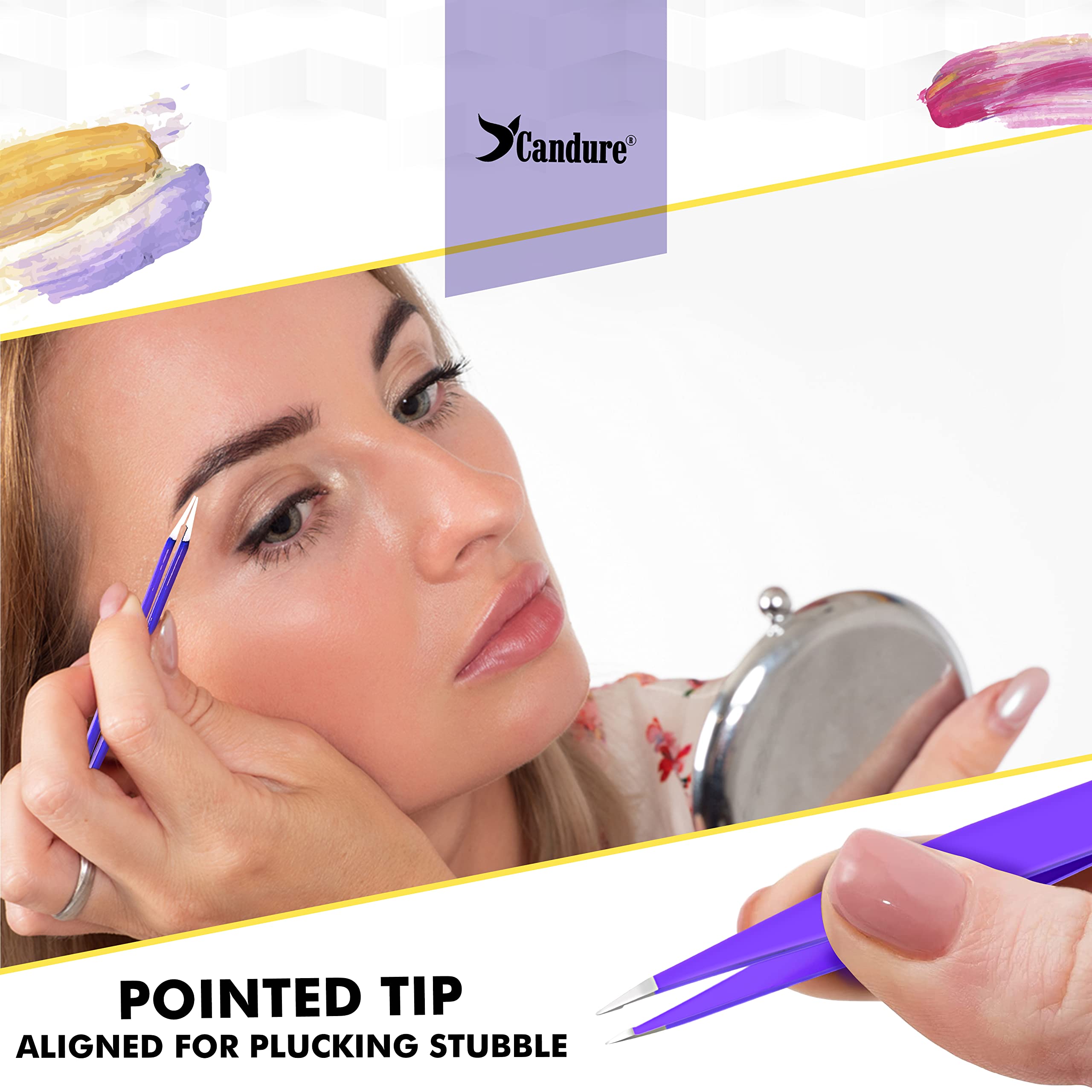 Candure Tweezers for Eyebrows - Professional Stainless Steel Slanted and Pointed Tip Hair Tweezers Set for Ingrown Hair, Blackhead Removal, Eyebrows Plucking Beauty Tool for Women Halalzen