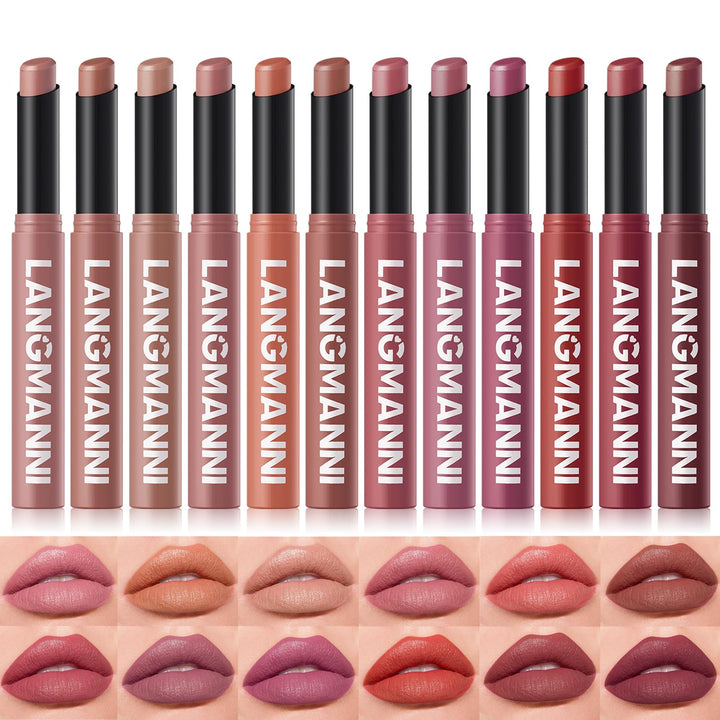 LANGMANNI 12Colors Velvet Matte Lipstick Set, Nude to Bold Shades | High Pigment & Non-Drying | Creamy Lip Color Sticks With Angled Tip in Premium Gift Box for Women Halalzen