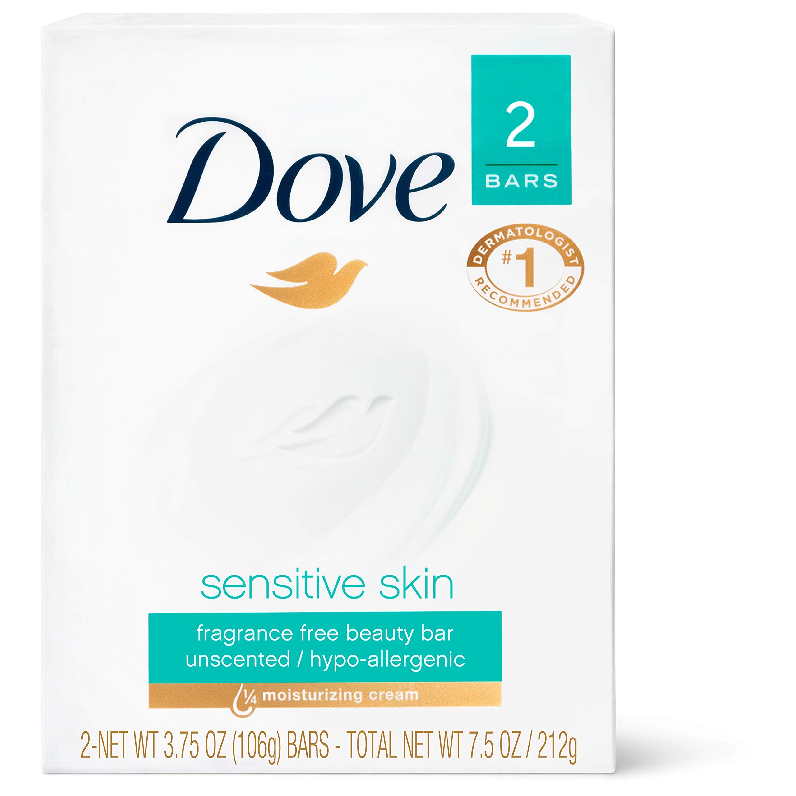 Dove Beauty Bar Soap Sensitive, 8 Bars for Sensitive Skin, Fragrance Free and Hypoallergenic 3.75 oz