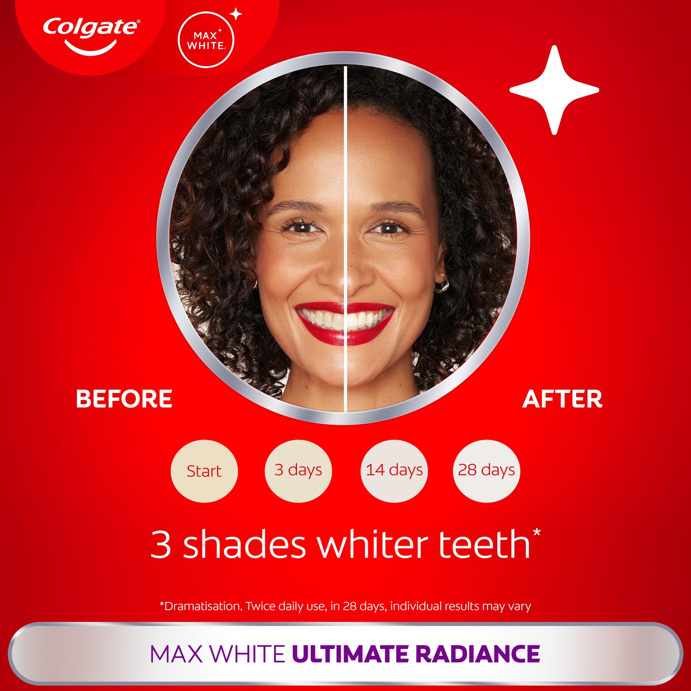 Colgate Max White Ultimate Radiance Whitening Toothpaste 75ml - 10X Whiter Teeth* - Instant Teeth Whitening Toothpaste^ - Deeply* Whitens - Helps Prevent Future Stains - Enamel Safe for Daily Use