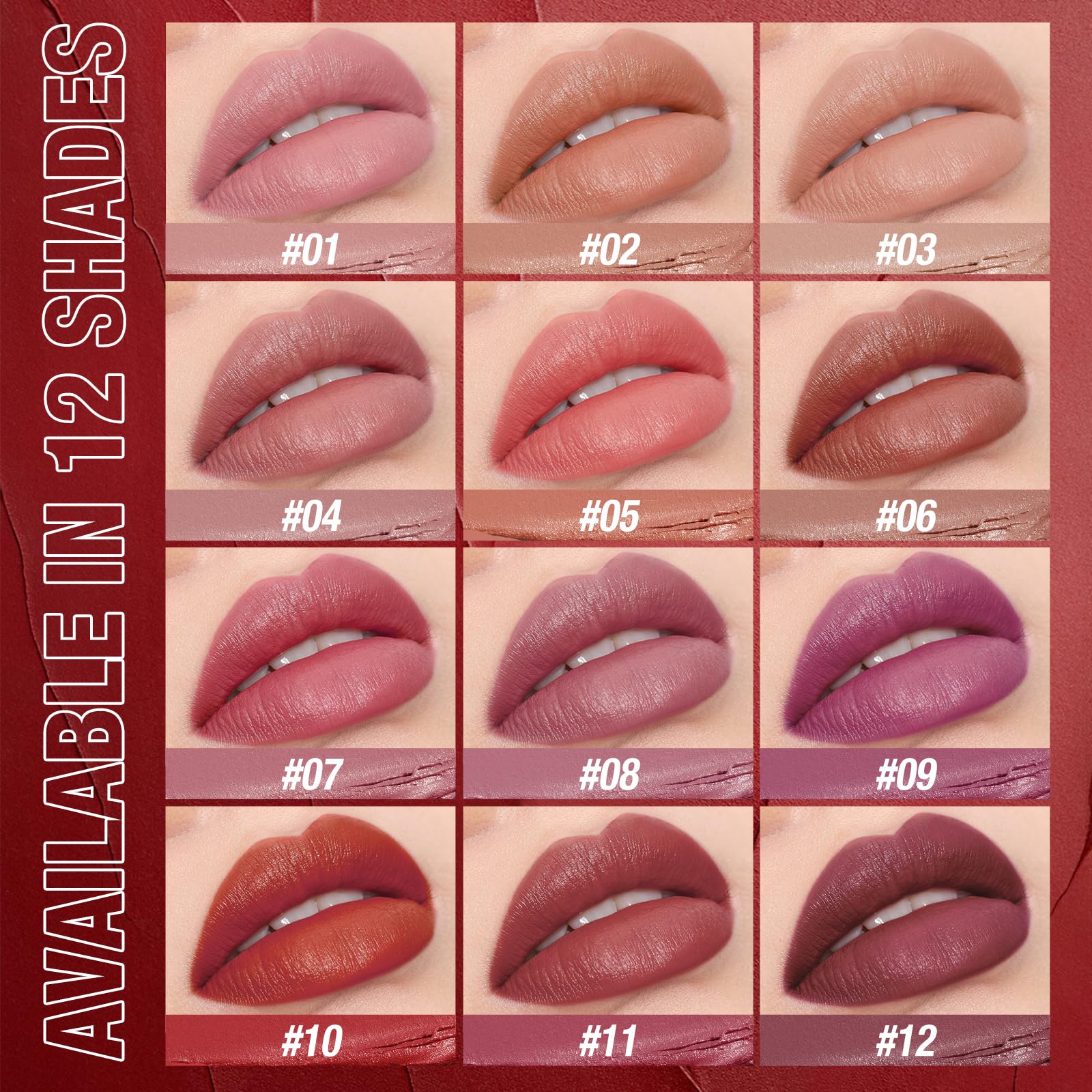 12Pcs Velvet Matte Lipstick Nude Matte Soft Dark Color Stick High Pigmented Long-Lasting Waterproof Lip Stick Lip Balm Beauty Cosmetics Gift for Women(01#-12#)
