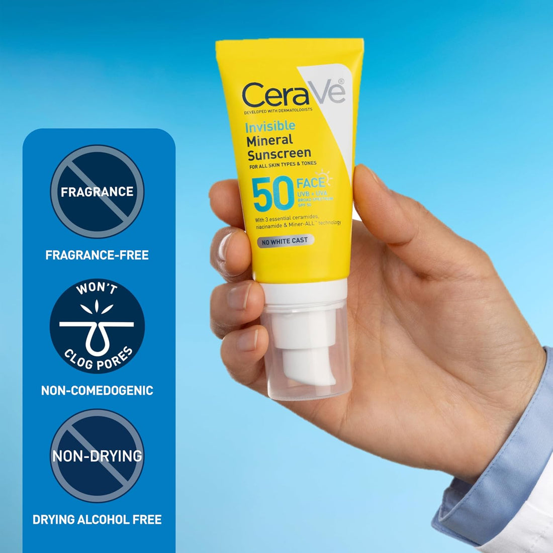 CeraVe Invisible Mineral Sunscreen SPF 50, Face Sunscreen for Sensitive Skin With Zinc Oxide & Titanium Dioxide, Vitamin E + Niacinamide + Ceramides, Oil Free, Travel Size 1.62 oz Halalzen