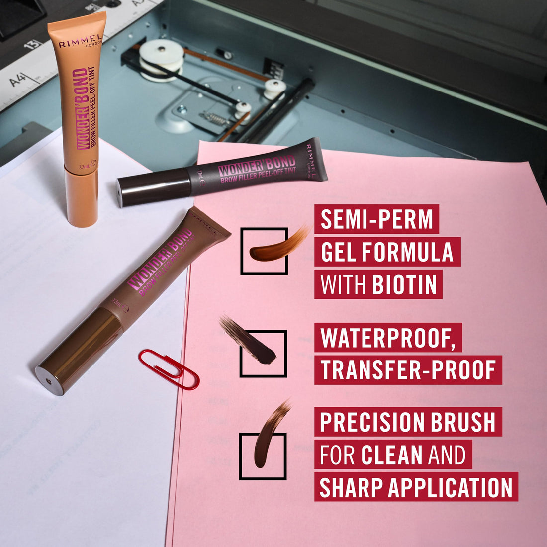 Rimmel Wonder’Bond Brow Filler Peel‑Off Tint, Medium Brown, Semi‑Permanent Brow Tint with Biotin for Fuller, Thicker Brows, Waterproof & Transfer‑Proof, 2‑in‑1 Tint & Brow Mask, Vegan, 7.7ml