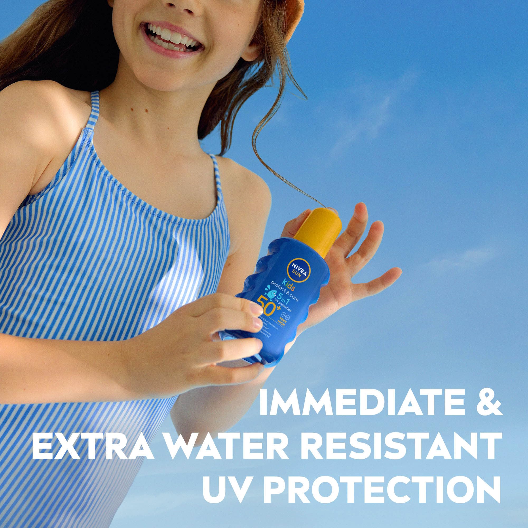 NIVEA Sun Kids Protect & Care To Go SPF 50+ Lotion (50ml), Moisturising Kids Sun Cream Immediately Protects Delicate Skin Against Sunburn and Long-Term UV Damage, Fast-Absorbing No White Cast Formula