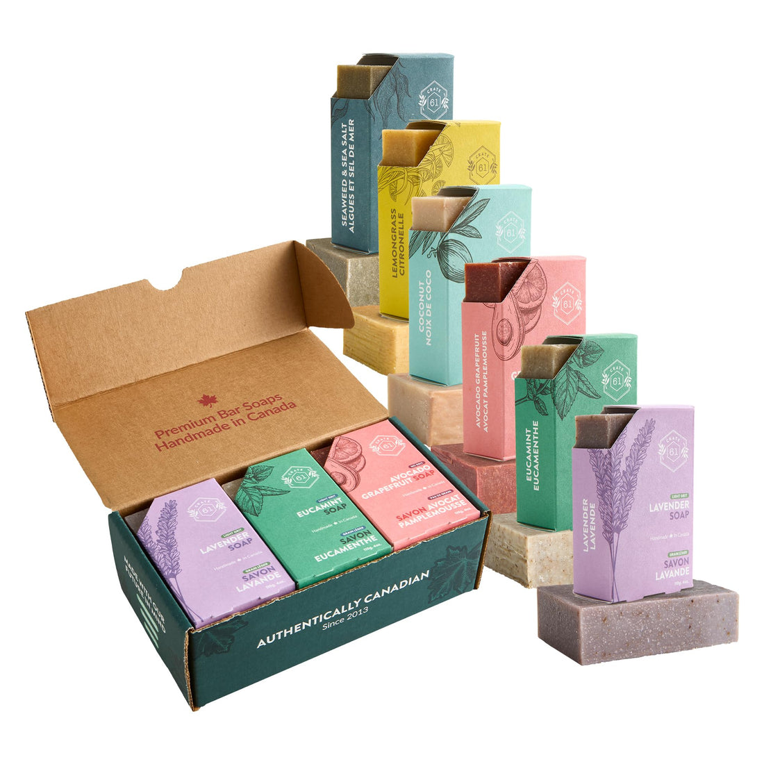 Crate 61 Organics, Handmade in Canada, Plant Based Cold Process Natural Bar Soap, With Premium Essential Oils, Dry Skin, Pack of 6 (For Him)