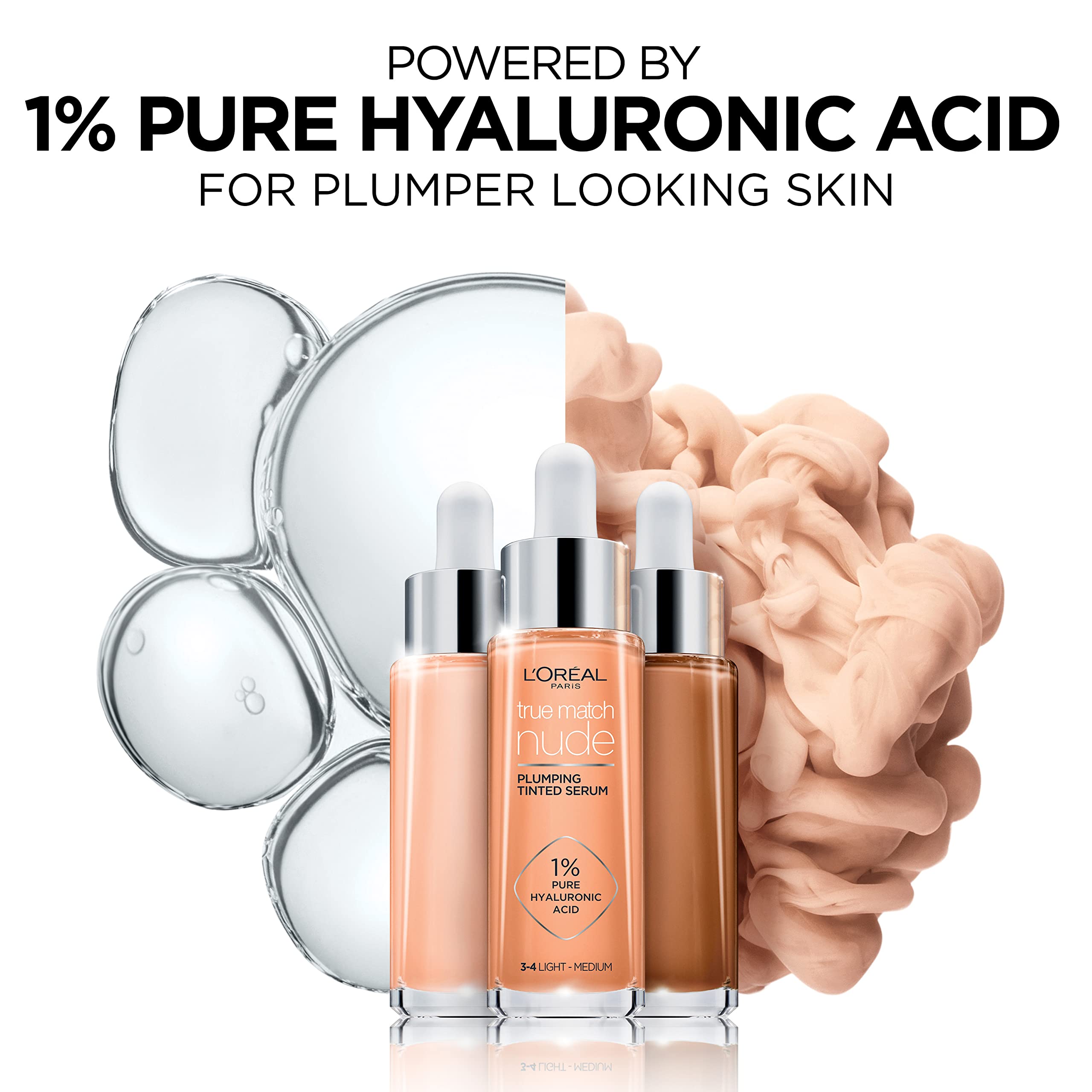 L'Oréal Paris Nude Tinted Serum for Face, Plumping and Hydrating Face Makeup, 1 Percent Pure Hyaluronic Acid, Nude Foundation to Cover, Replumps and Hydrates Skin in One Hour, Shade 4-5 Medium Halalzen