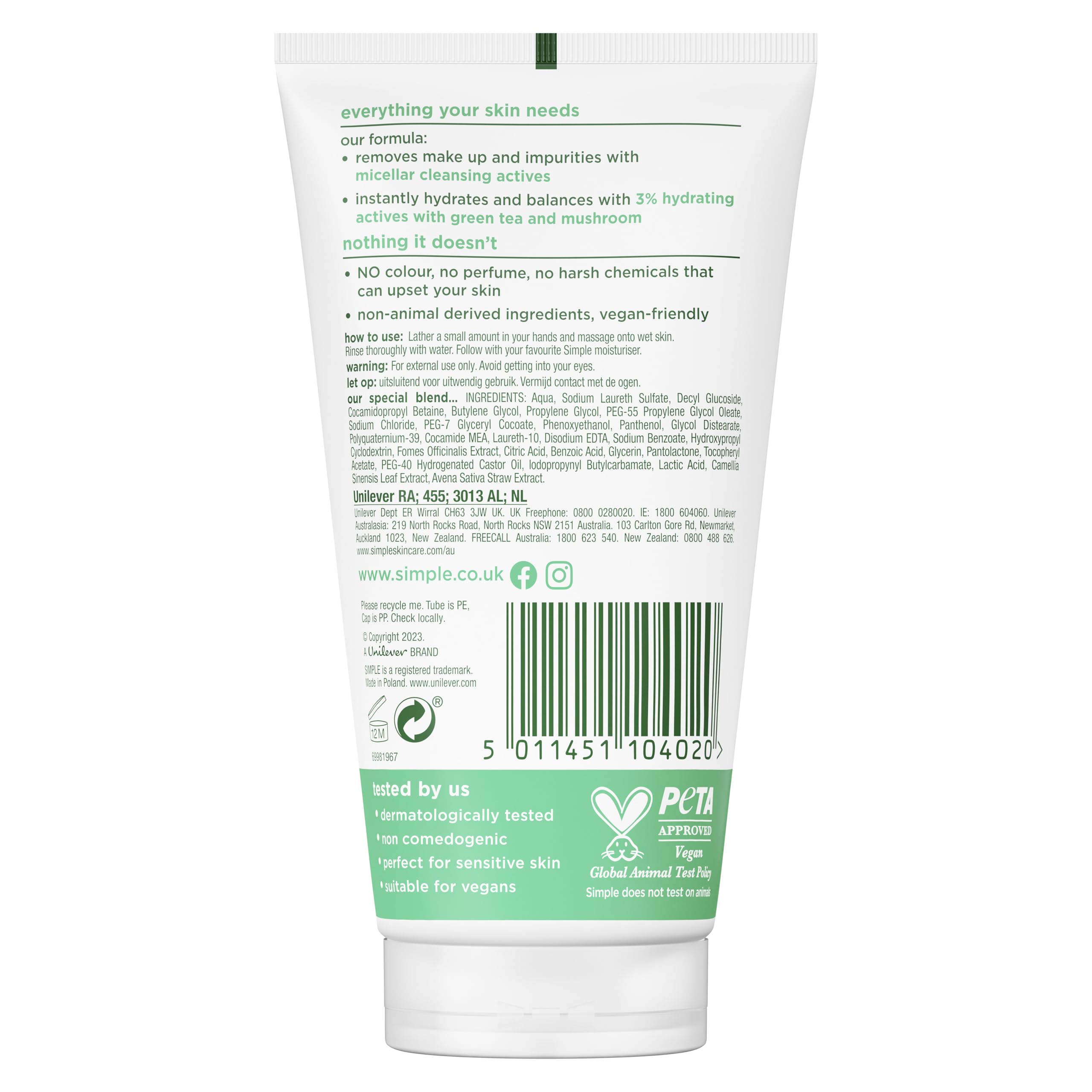 Simple Regeneration Age Resisting Facial Wash with green tea and prebiotic cleanser for revived and revitalised skin 150 ml