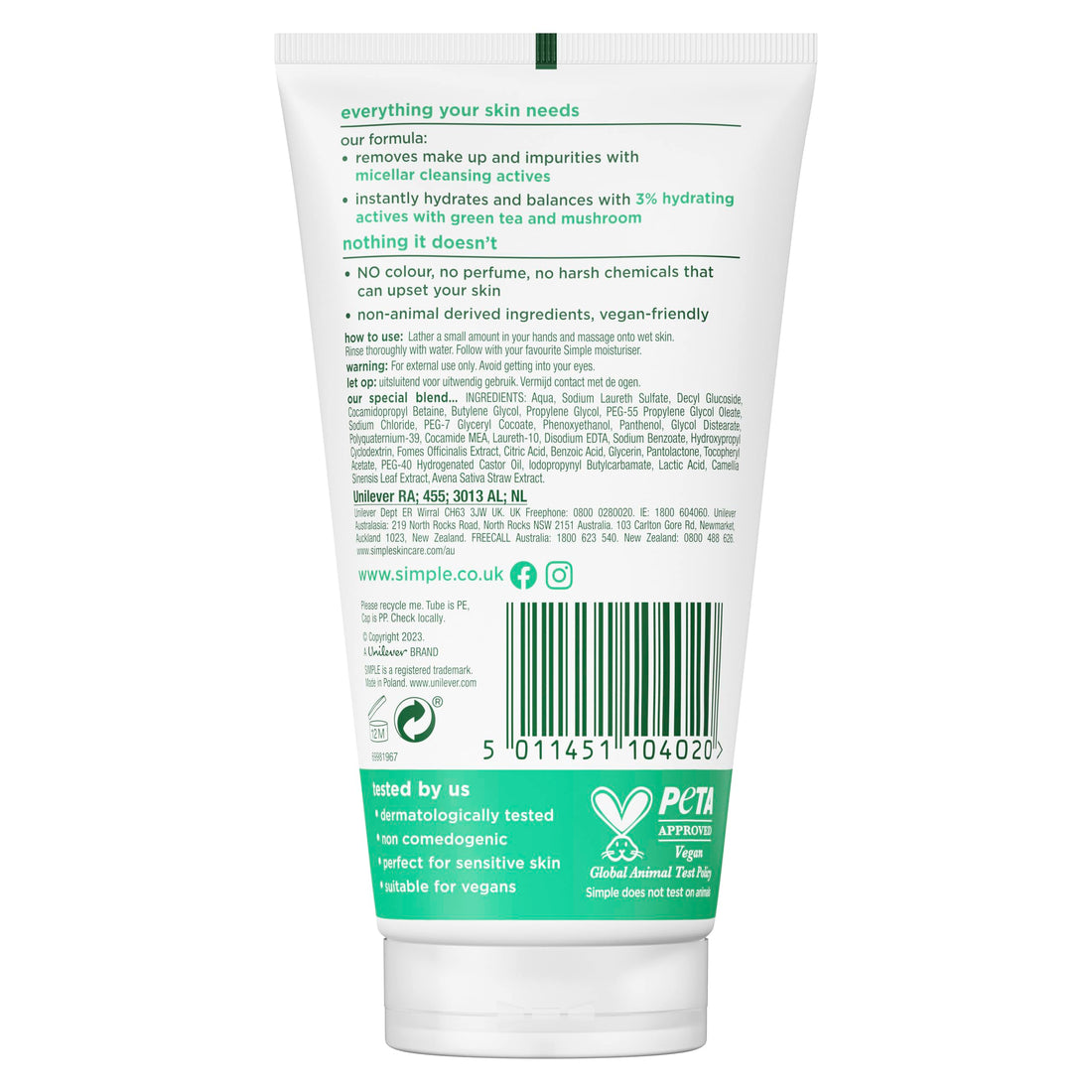 Simple Regeneration Age Resisting Facial Wash with green tea and prebiotic cleanser for revived and revitalised skin 150 ml