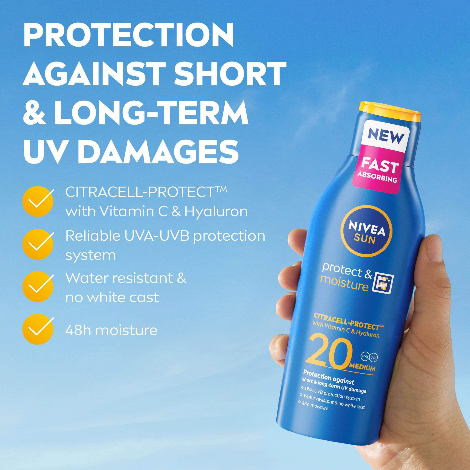 NIVEA SUN Protect & Moisture Sun Lotion SPF 30 (200 ml), Suncream with Vitamin C and Hyaluron, Provides 48H Moisture & Immediate UVA & UVB Protection, Fast-Absorbing No White Cast Formula