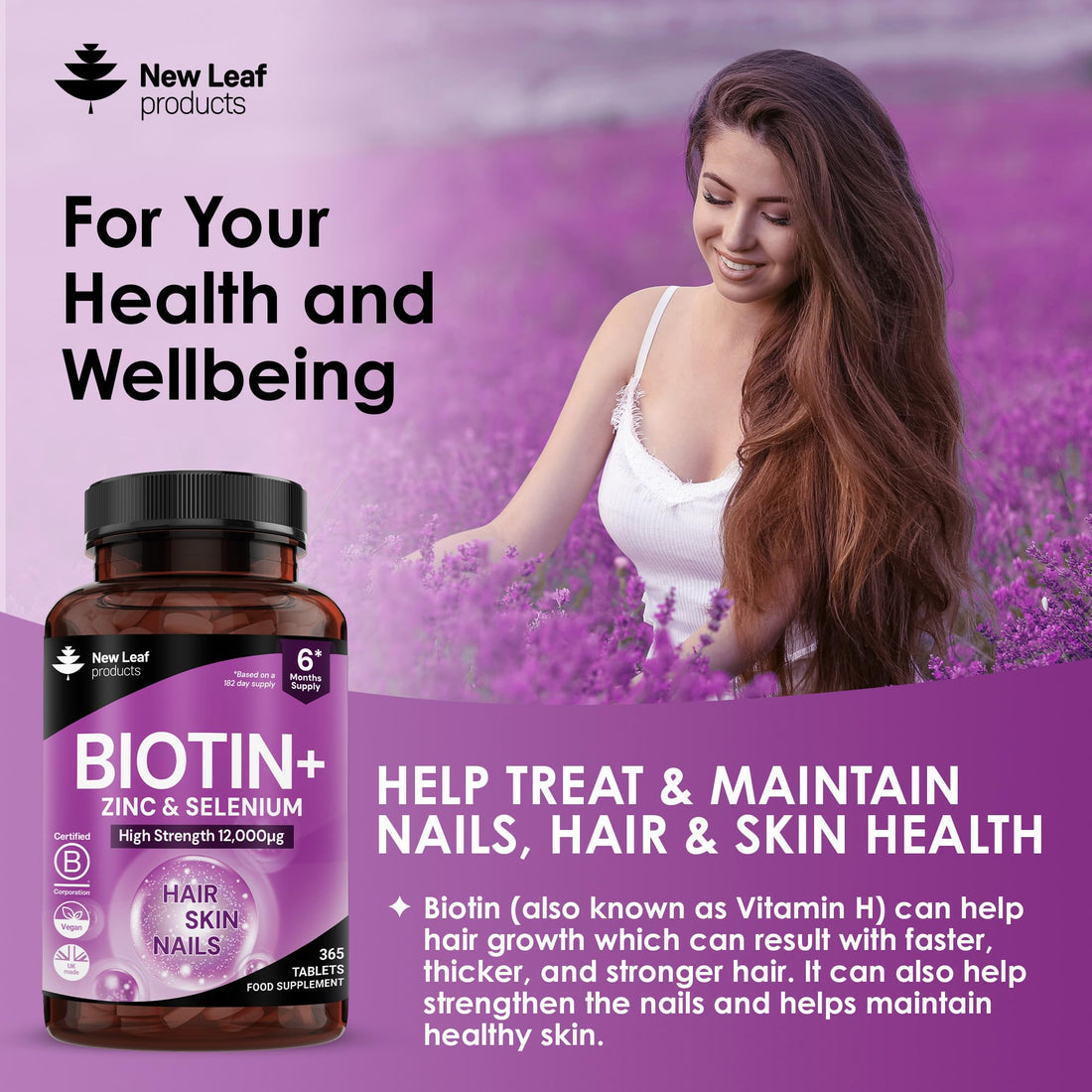 Biotin Hair Growth Vitamins 12,000mcg D-Biotin Tablets Enriched with Zinc & Selenium –Vegan Beauty Hair Skin & Nails Vitamins for Women and Men High Strength - 3 Months Supply UK Made - New Leaf