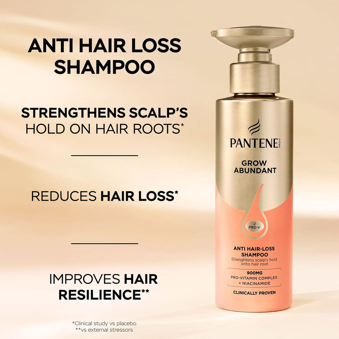Pantene Grow Abundant Anti Hair Loss Shampoo 290ml for Stronger, Longer, Denser Hair in 8 Weeks, Strengthens Anchorage and Improves Hair Resilience, With 900mg Pro-Vitamin Complex & Niacinamide