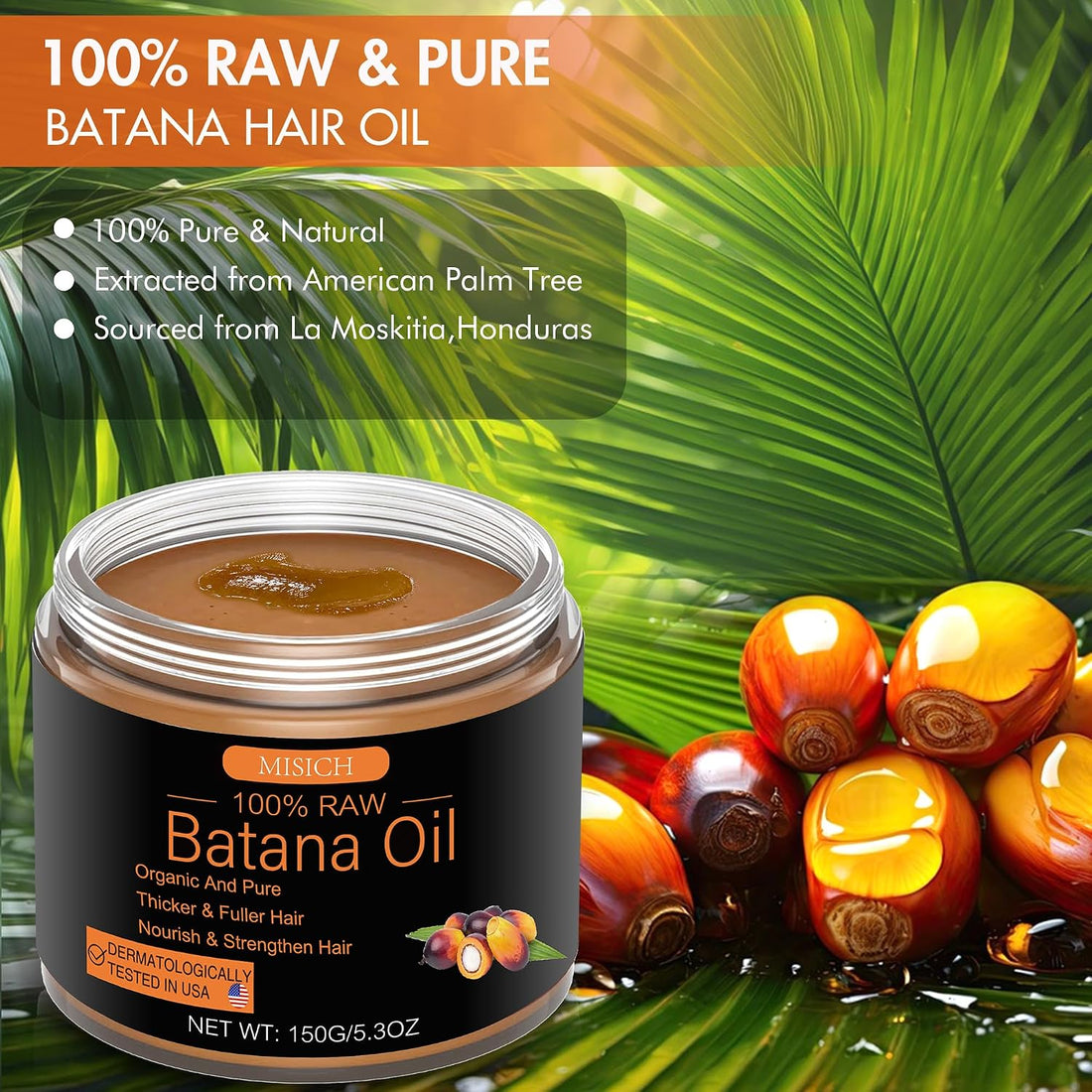 Raw Batana Oil for Hair Growth, 100% Natural Pure Dr. Sebi Botana Oil, Unrefined Organic Batana Hair Growth Oil for Prevent Hair Loss, Enhances Hair Thickness for Men & Women 5.3 oz