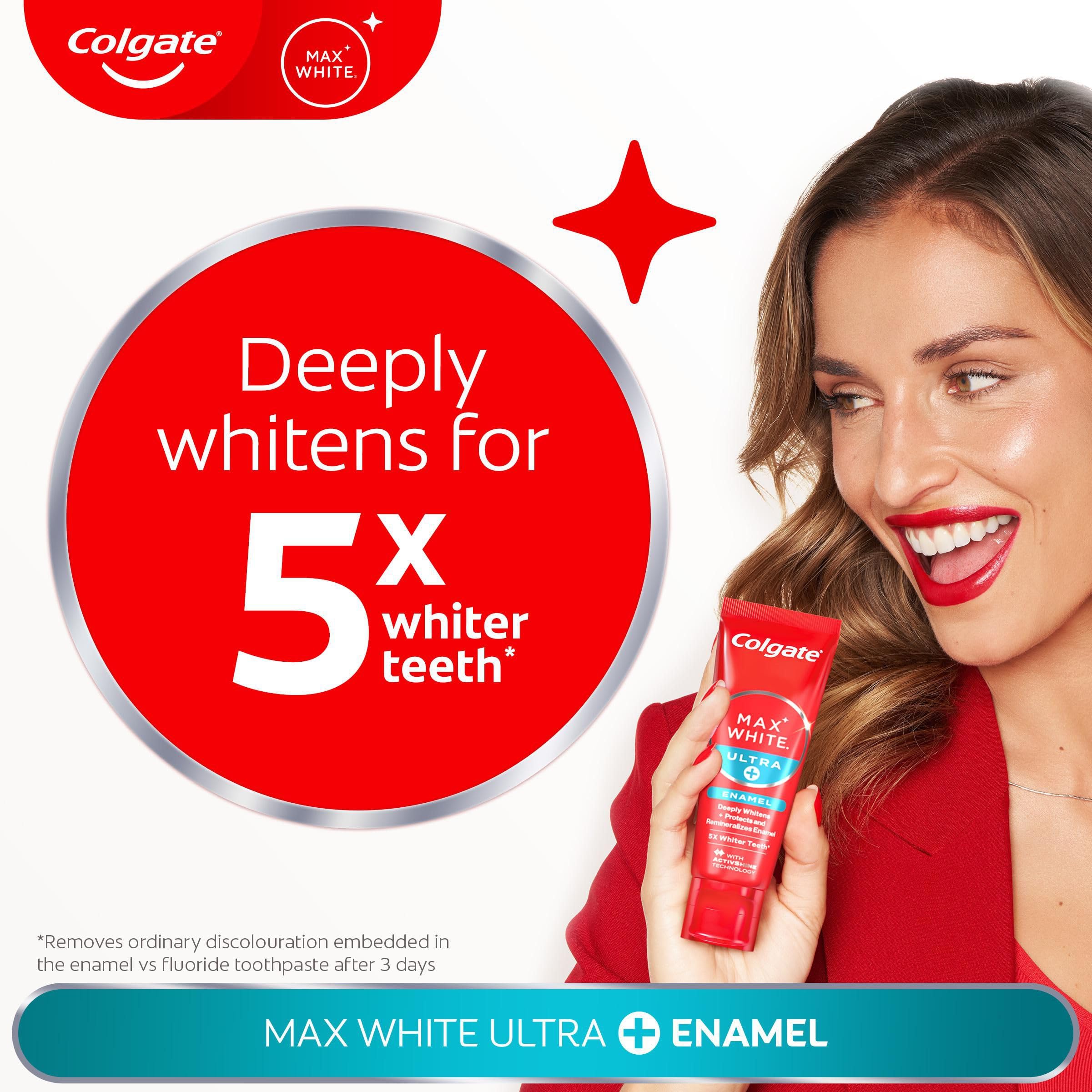 Colgate Max White Ultra+ Enamel Toothpaste 75ml, Whitens Deep Stains for 5X Whiter Teeth, ActiveShine Technology Smoothes Enamel Surface to Reflect Light, Protects and Remineralises Enamel