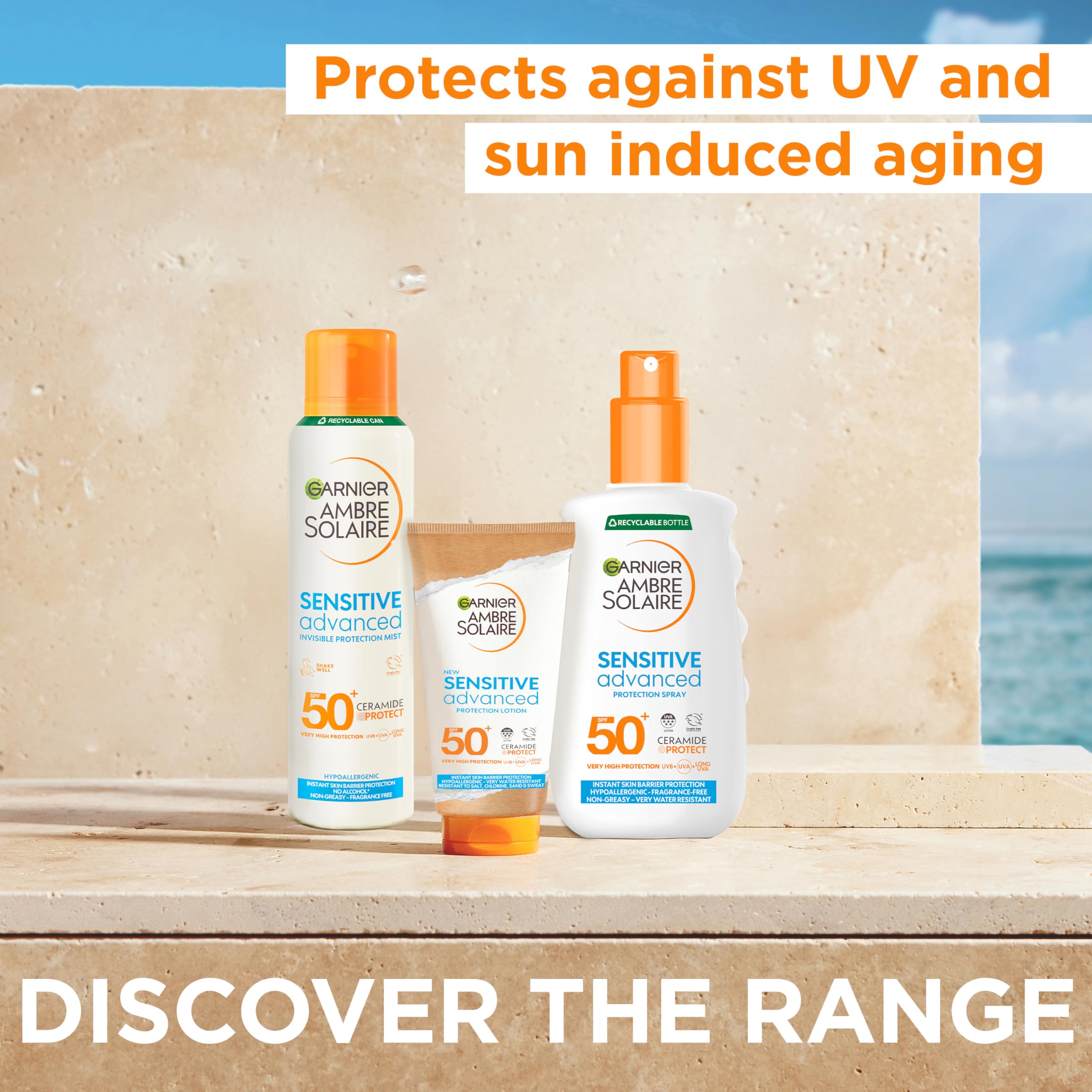 Garnier Ambre Solaire Sun Cream Spray SPF50+ Sensitive Advanced Sunscreen, Factor 50, Water Resistant, Non-Greasy, Fragrance-Free, Hypoallergenic, UVA UVB Protect with Ceramide, 150ml