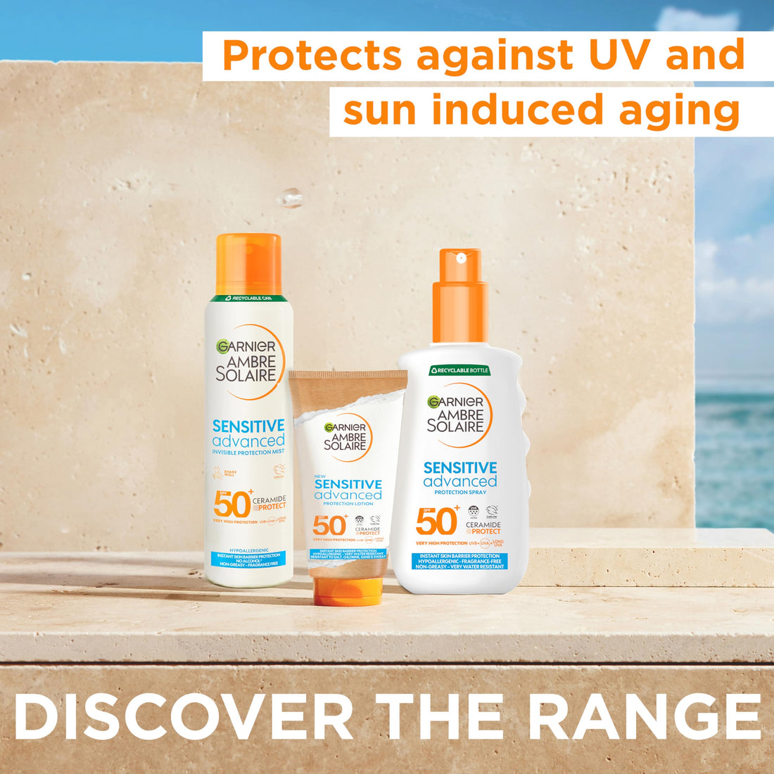 Garnier Ambre Solaire Sun Cream Spray SPF50+ Sensitive Advanced Sunscreen, Factor 50, Water Resistant, Non-Greasy, Fragrance-Free, Hypoallergenic, UVA UVB Protect with Ceramide, 150ml