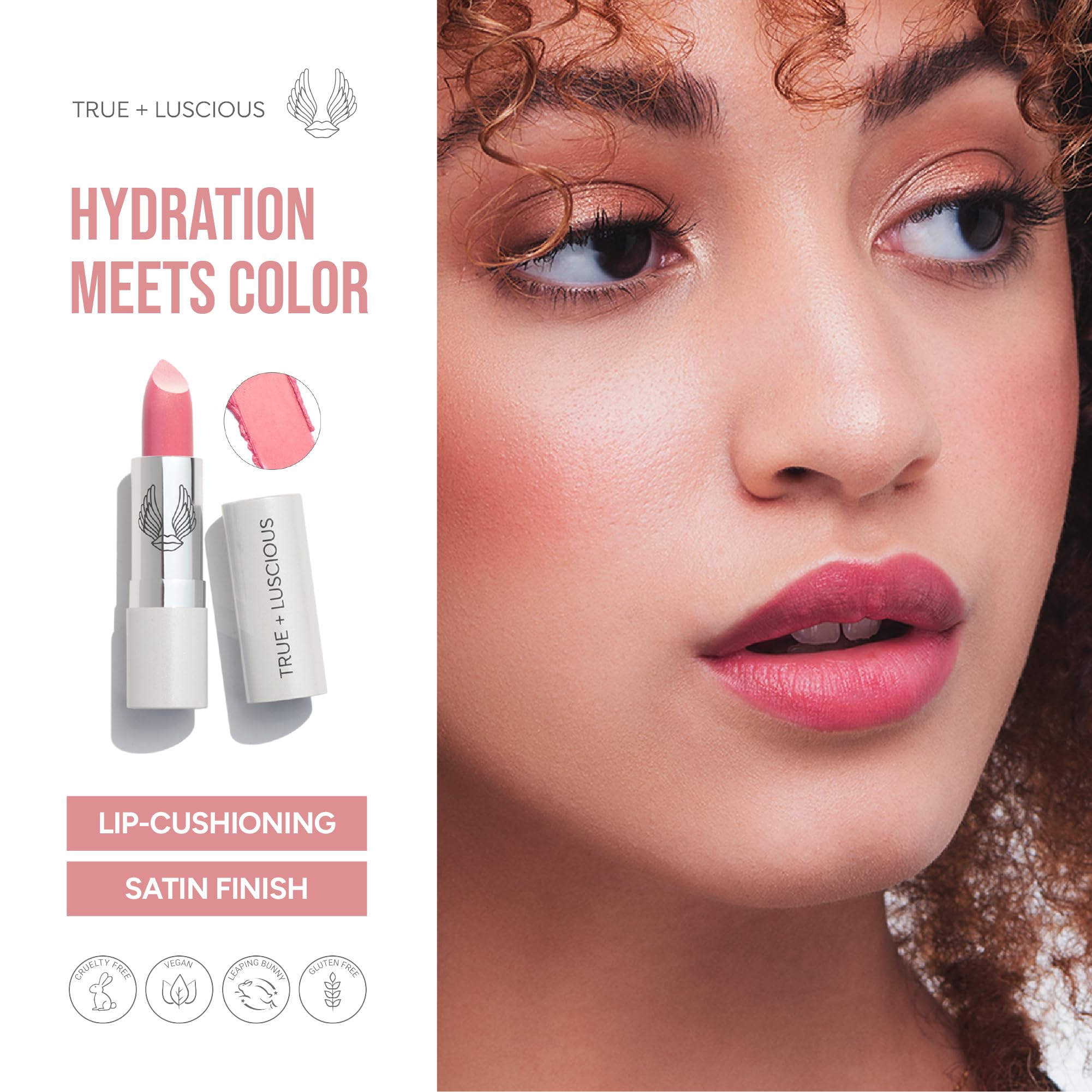 True + Luscious Super Moisture Lipstick | Sheer Cream Lip Color for Lasting Hydration | Hyaluronic Acid Konjac Root Powder | Vegan Cruelty-Free Gluten-Free Flatters All Skin Tones | Pink Sugar