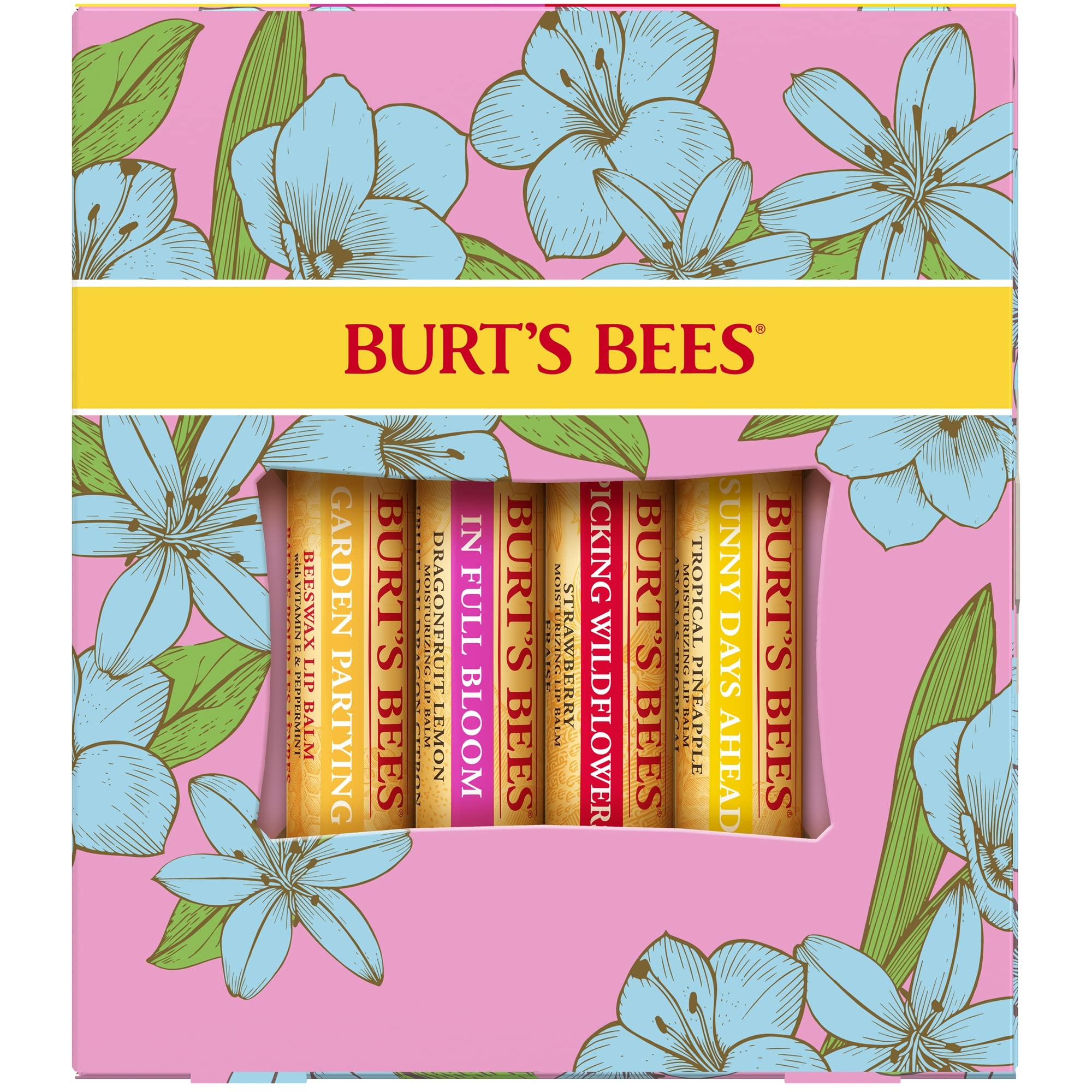 Burt's Bees Lip Balm Gift Set, Beeswax, Strawberry, Tropical Pineapple, Dragonfruit Lemon, In Full Bloom, 4x4.25g Halalzen