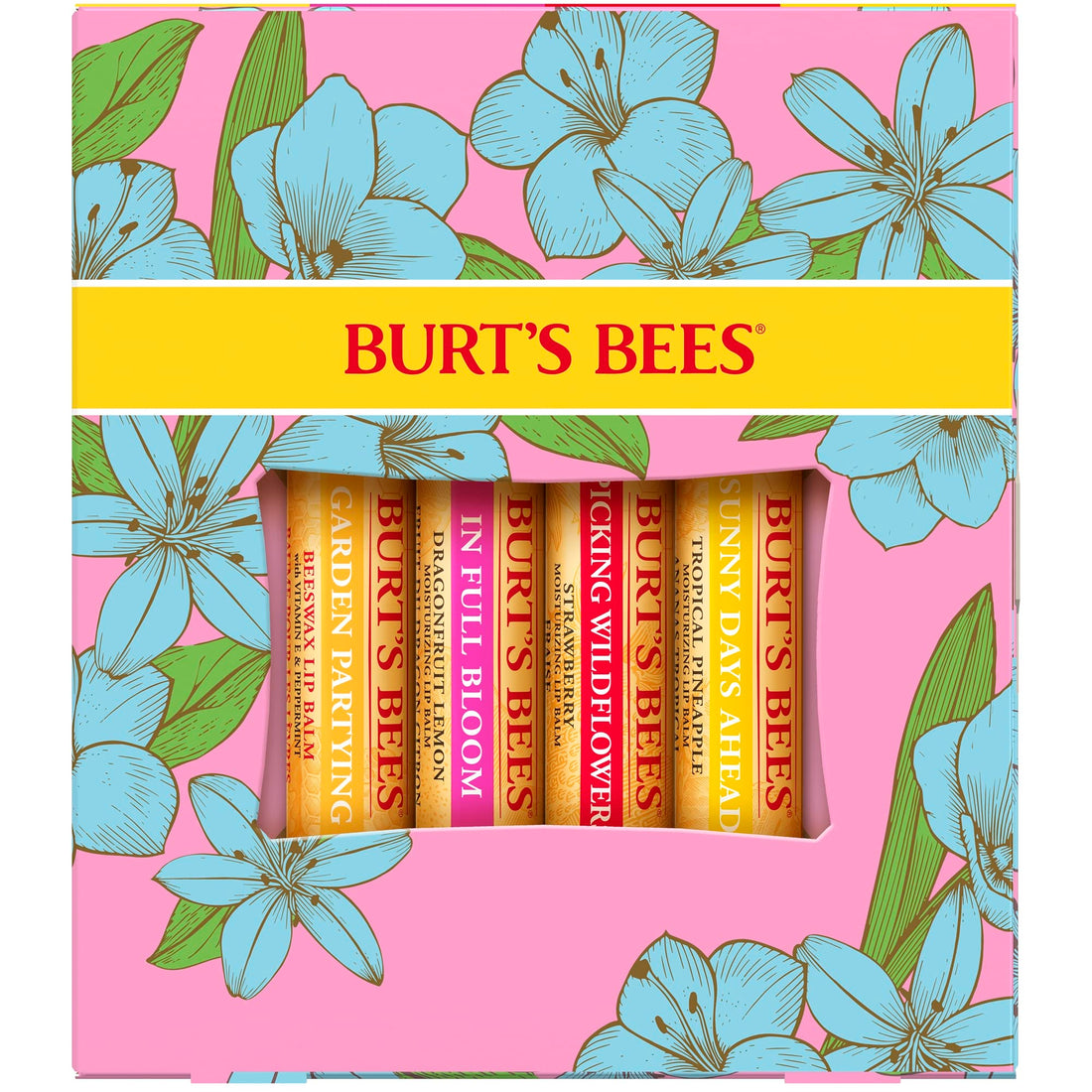 Burt's Bees Lip Balm Gift Set, Beeswax, Strawberry, Tropical Pineapple, Dragonfruit Lemon, In Full Bloom, 4x4.25g Halalzen