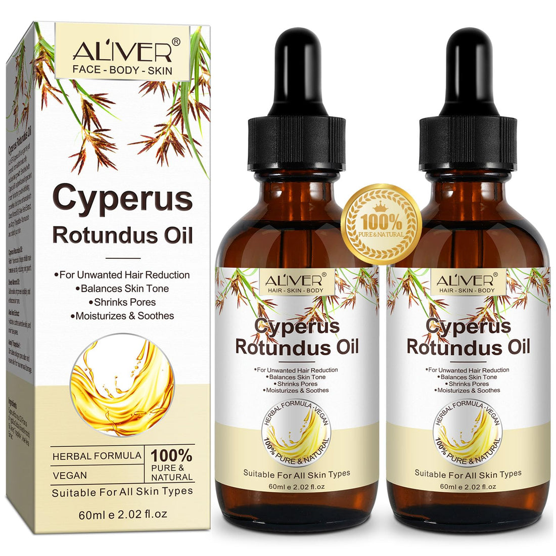 Cyperus Rotundus Oil for Hair Removal, 100% Pure Natural Body and Facial Hair Removal for Women, Reduces Unwanted Hair Growth After Shave, Shrink Pores, Hydrates, Soothes and Repairs Skin