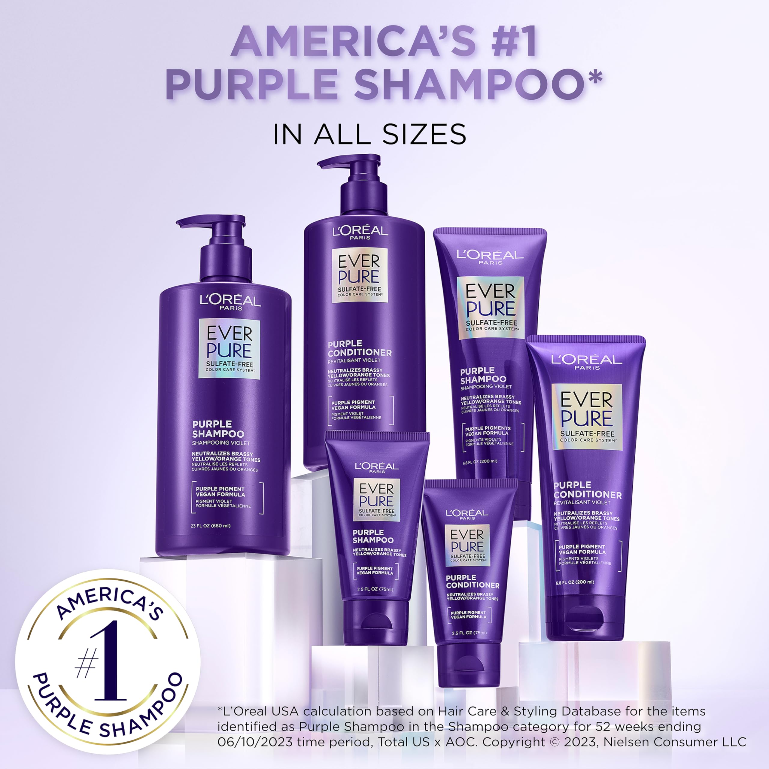 L’Oreal Paris Sulfate Free Brass Toning Purple Conditioner for Blonde, Bleached, Silver, or Brown Highlighted Hair, EverPure, 6.8 Fl Oz (Packaging May Vary)