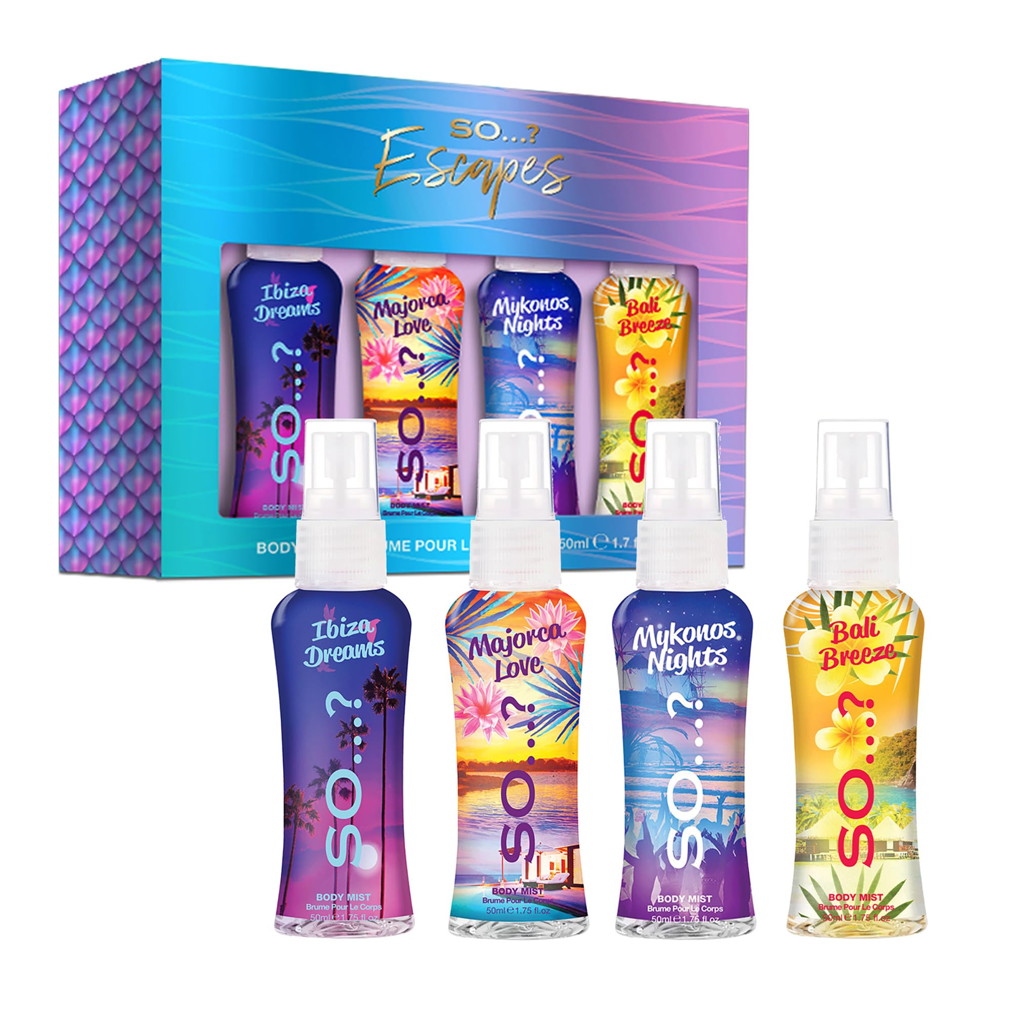 So…? Escapes Womens Gift Set, with Ibiza Dream, Bali Breeze, Mykonos Nights & Majorca Love, Fragrance Spray Set (4 x 50ml) Halalzen