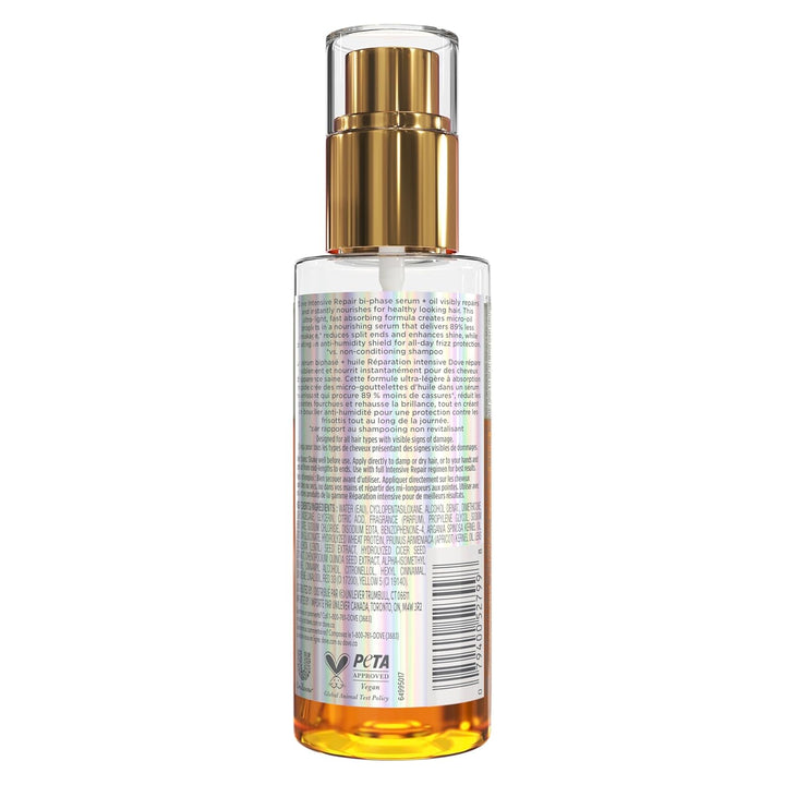 Dove Damage Therapy Intensive Repair with Amino Serum Bi-Phase Serum + Oil Hair Spray for Shine, Frizz Control, and Split Ends 3.9 oz Halalzen