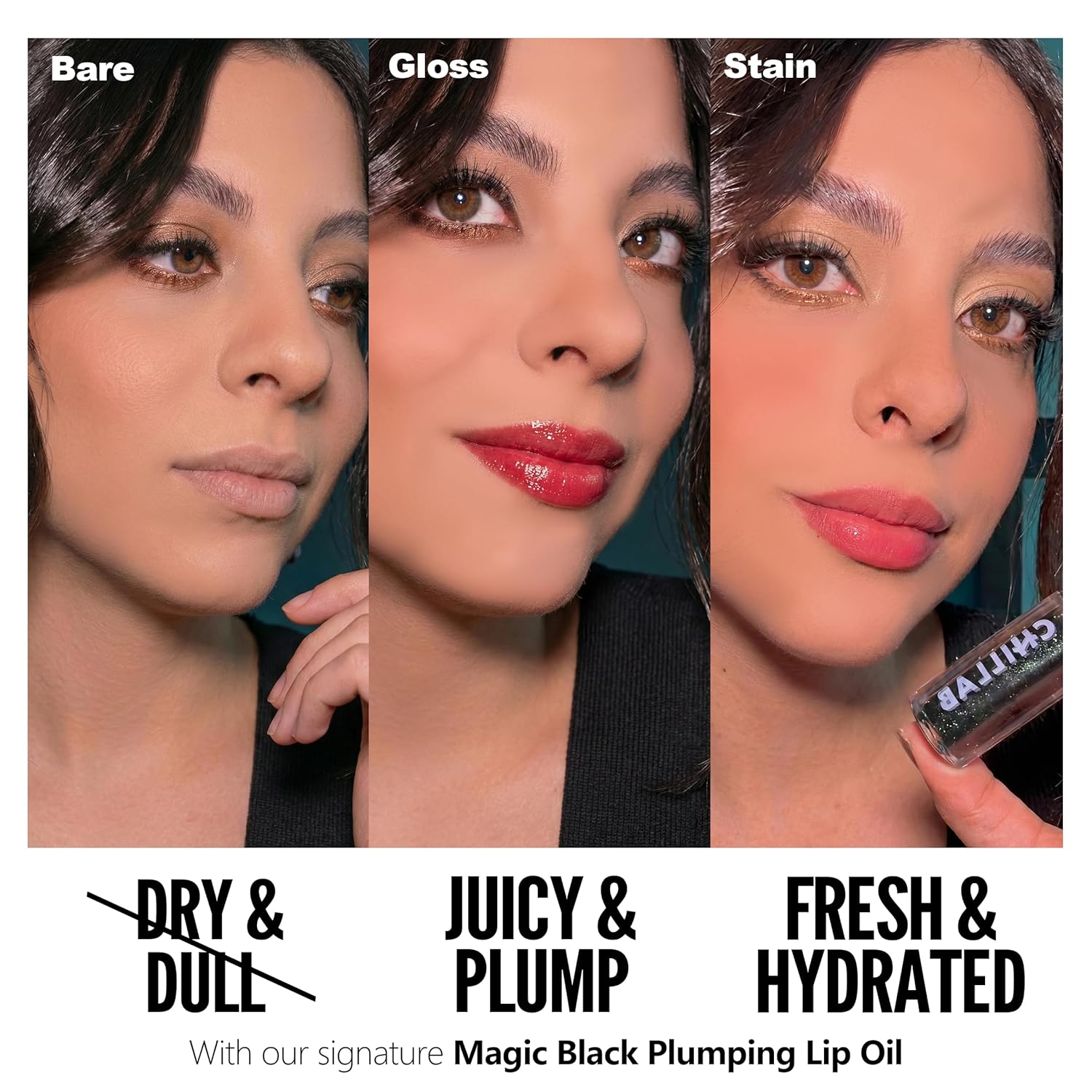 Chillab Magic Black Plumping Lip Oil, Hydrating, Color-Adapting, High-Shine Gloss, Non-Sticky, Nourishing & Long-Lasting Lip Treatment Halalzen