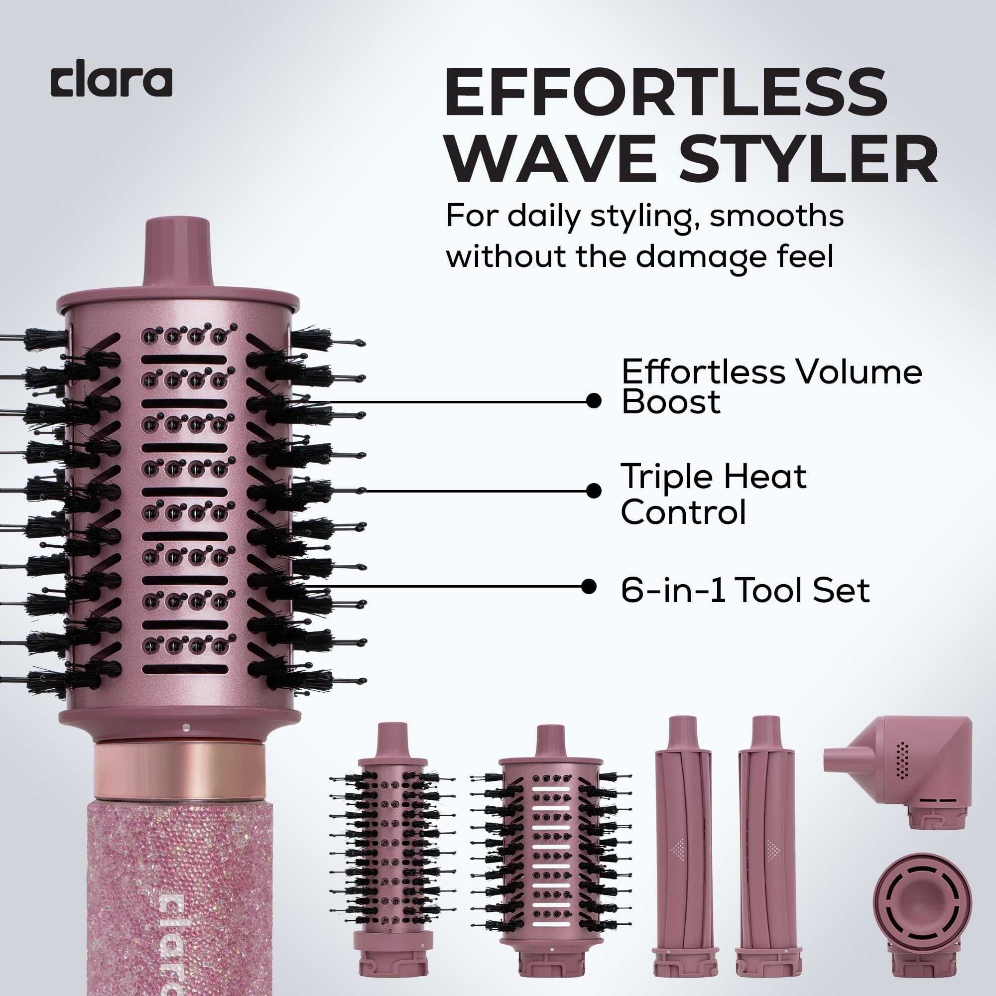 Clara 6-in-1 Gold Multi Styler with Auto-Wrap Curlers, Hair Dryer, & Brush (Round & Oval) for All Hair Types – 1500W Ionic Styling Tool for Frizz-Free Waves & Salon Blowouts Halalzen